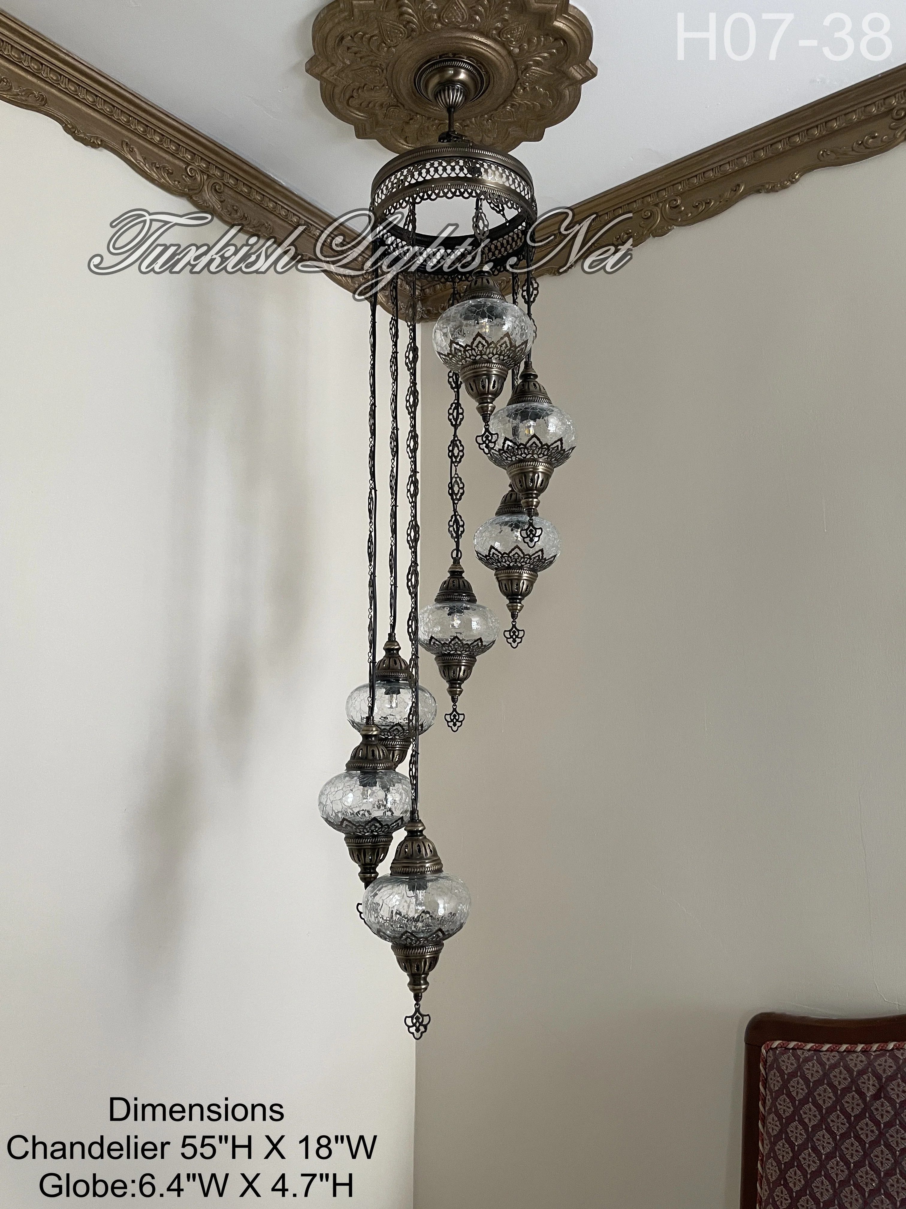 7 Ball Turkish Mosaic Chandelier - Water Drop Design with Large Globes, ID: H7L-38 - Image 4