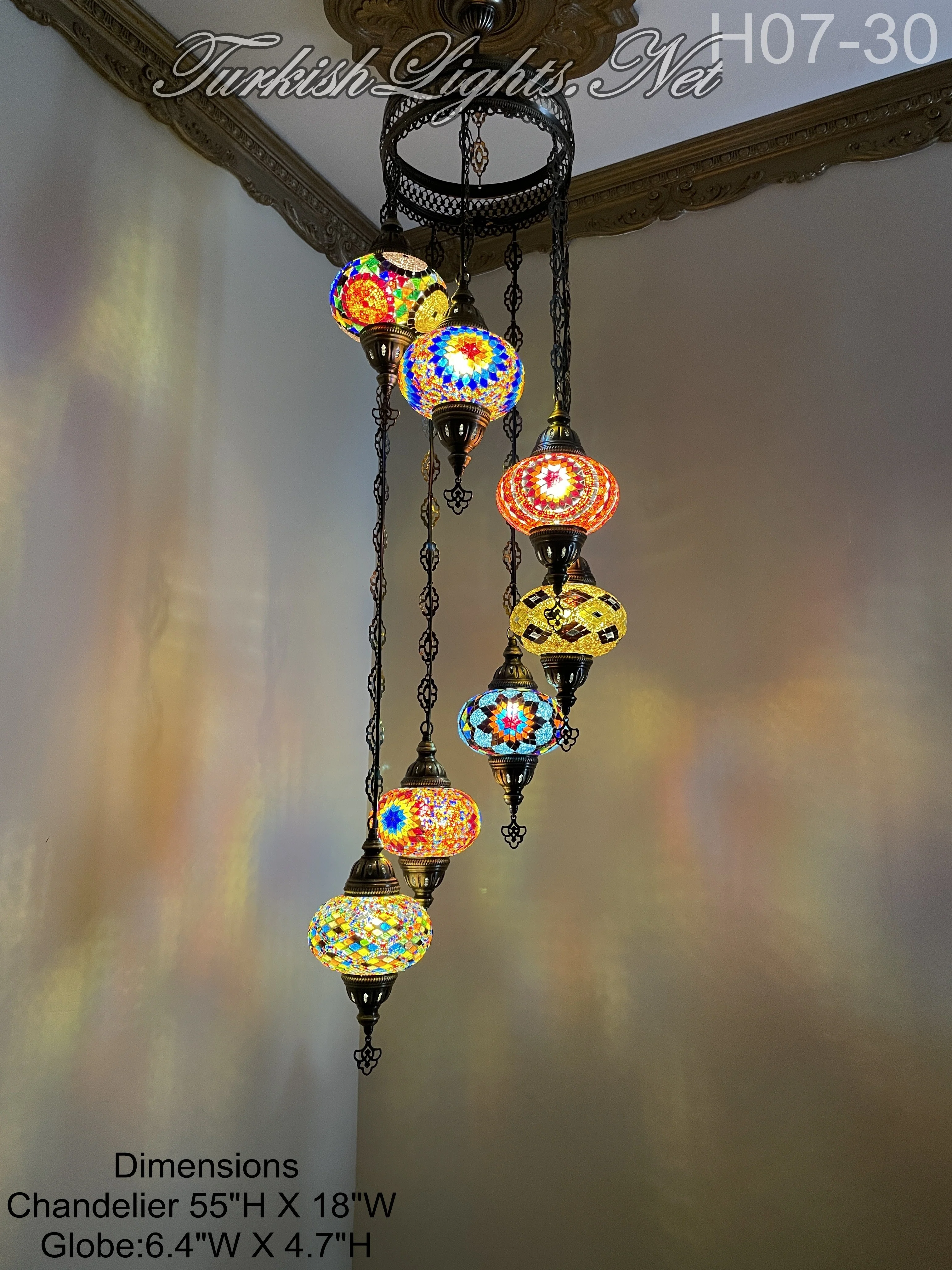 7 Ball Turkish Mosaic Chandelier - Water Drop Design with Large Globes, ID: H7L-ALL