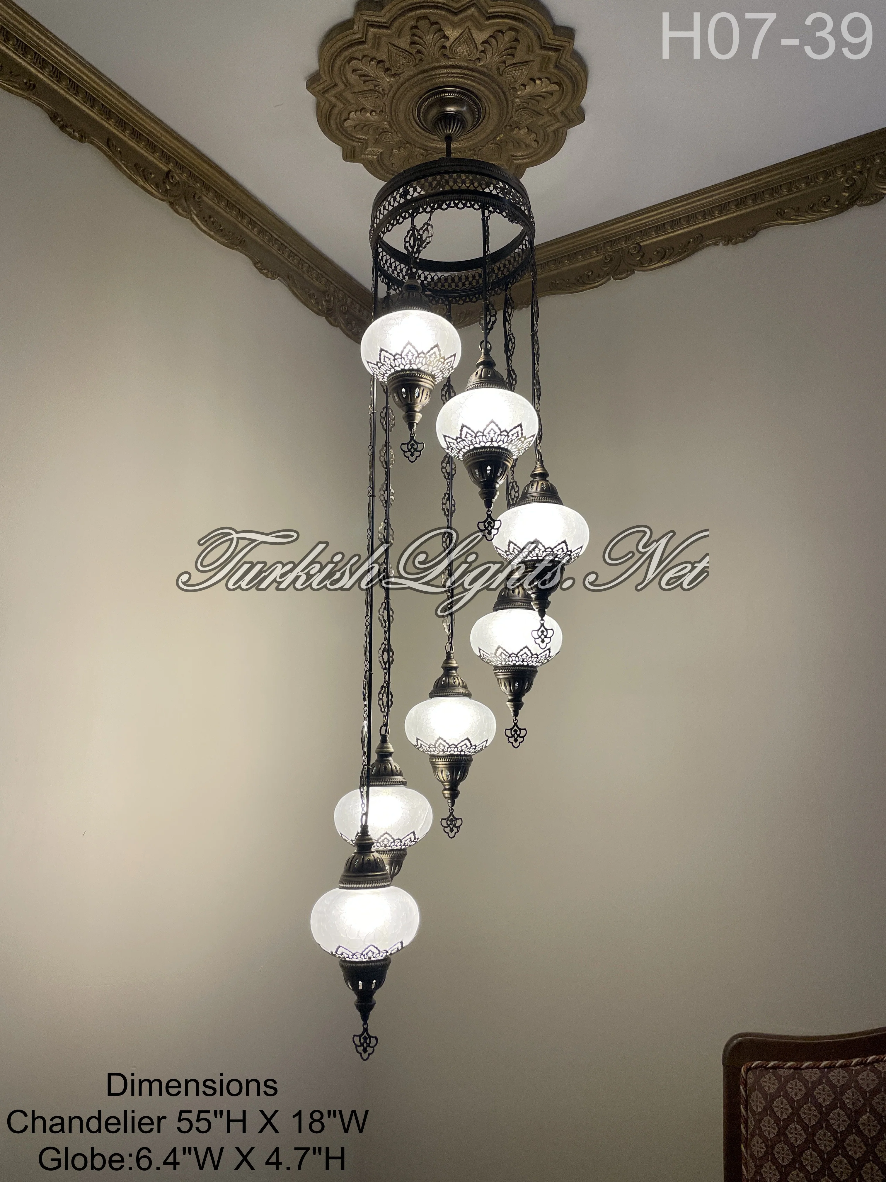 7 Ball Turkish Mosaic Chandelier - Water Drop Design with Large Globes, ID: H7L-ALL - Image 10