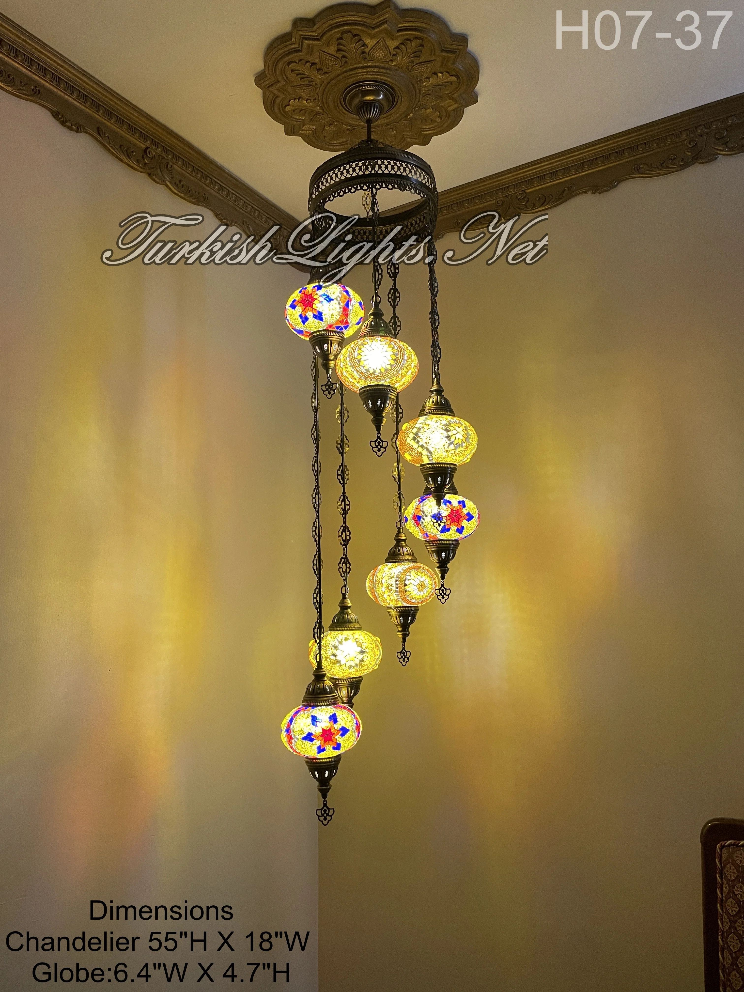 7 Ball Turkish Mosaic Chandelier - Water Drop Design with Large Globes, ID: H7L-ALL - Image 8