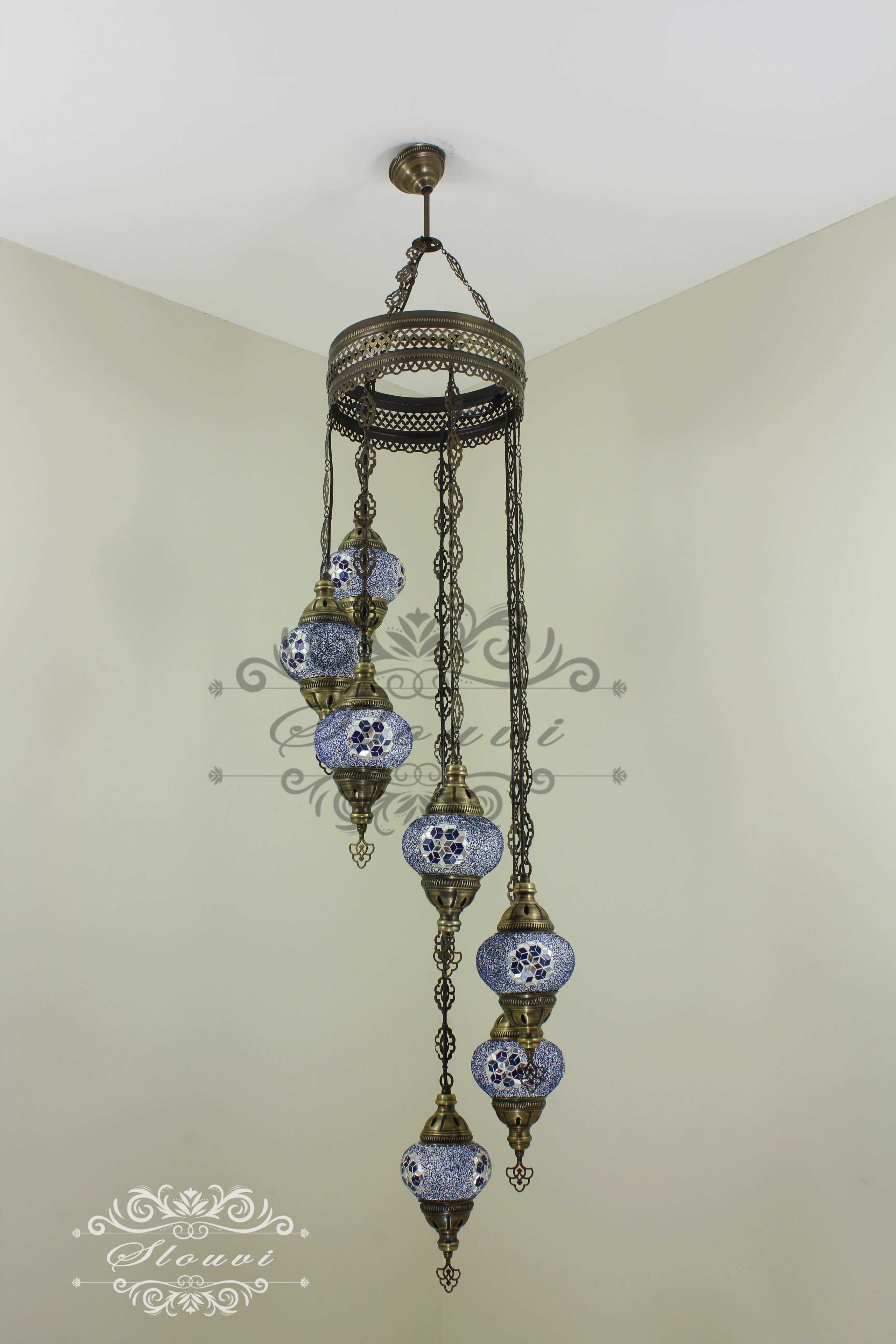7 Ball Turkish Mosaic Chandelier - Water Drop Design with Medium Globes, ID: H7M-02 - Image 5