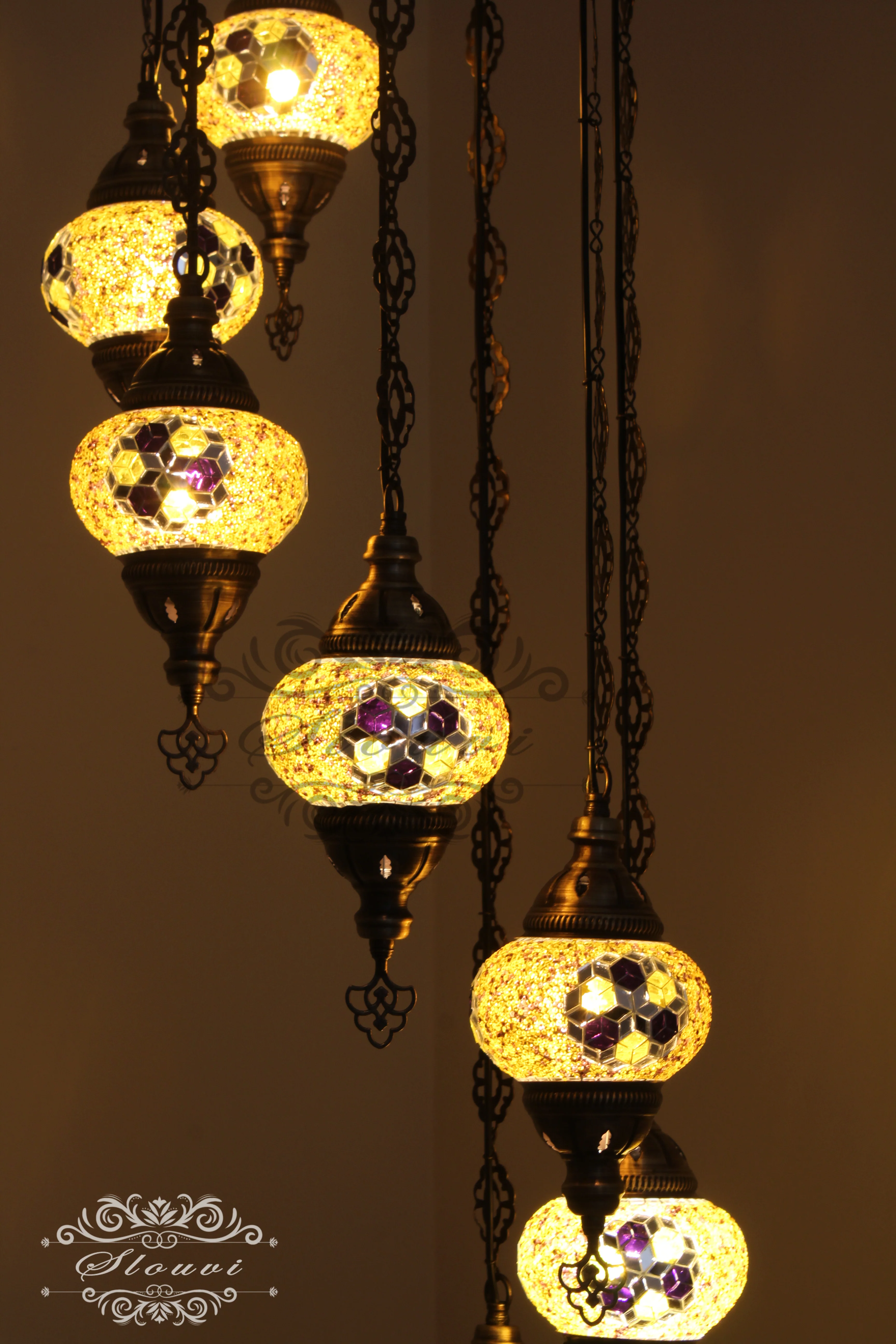 7 Ball Turkish Mosaic Chandelier - Water Drop Design with Medium Globes, ID: H7M-03