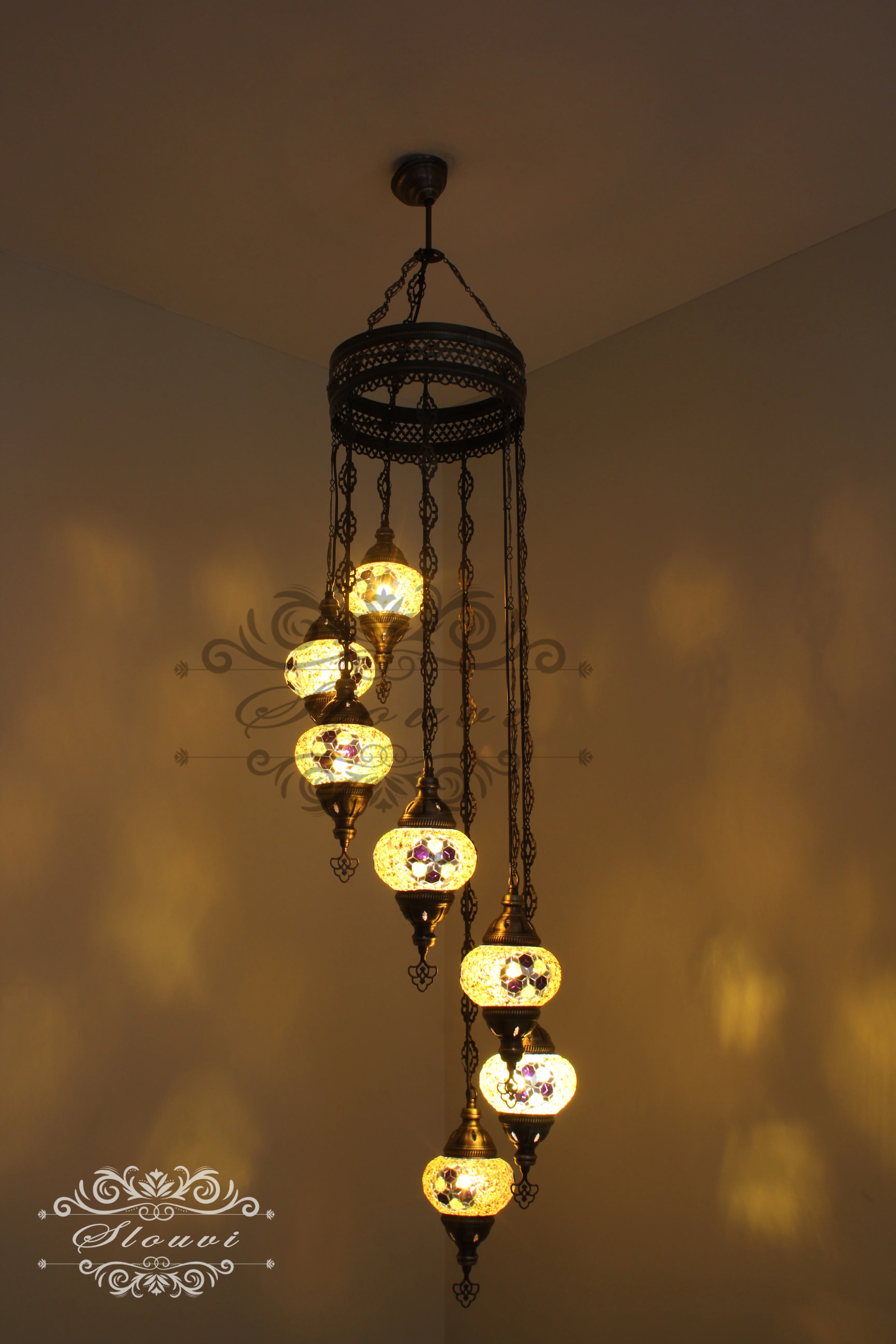 7 Ball Turkish Mosaic Chandelier - Water Drop Design with Medium Globes, ID: H7M-03 - Image 2