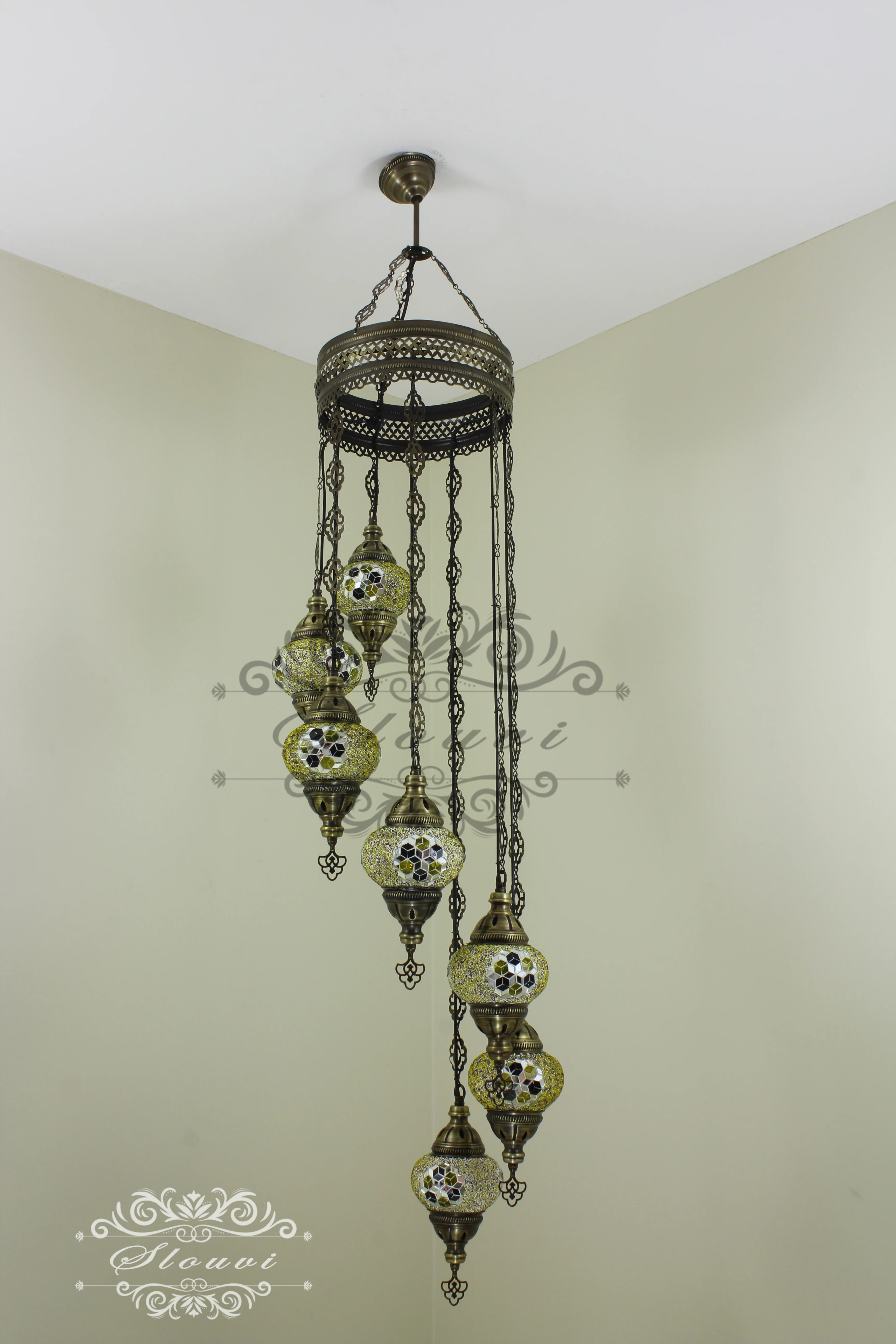 7 Ball Turkish Mosaic Chandelier - Water Drop Design with Medium Globes, ID: H7M-03 - Image 5