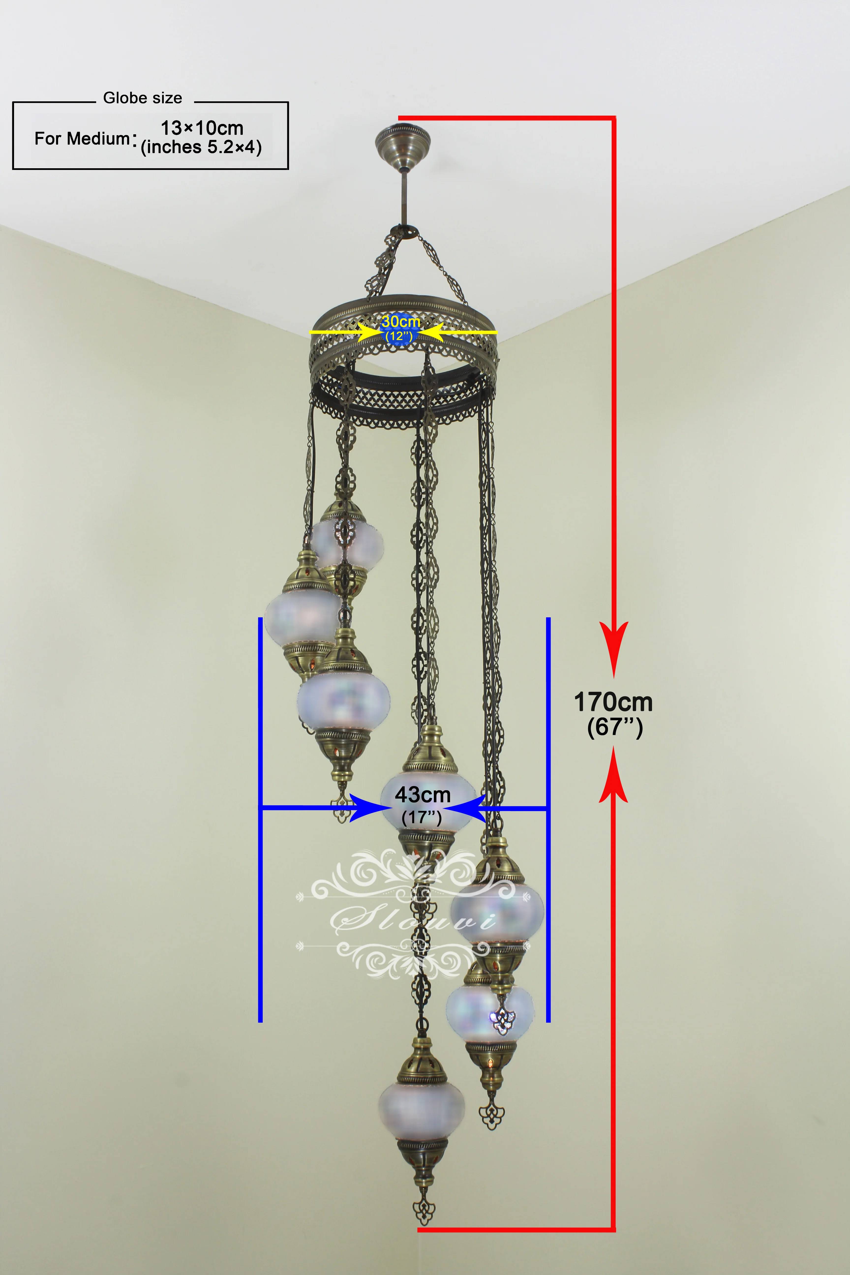 7 Ball Turkish Mosaic Chandelier - Water Drop Design with Medium Globes, ID: H7M-03 - Image 6