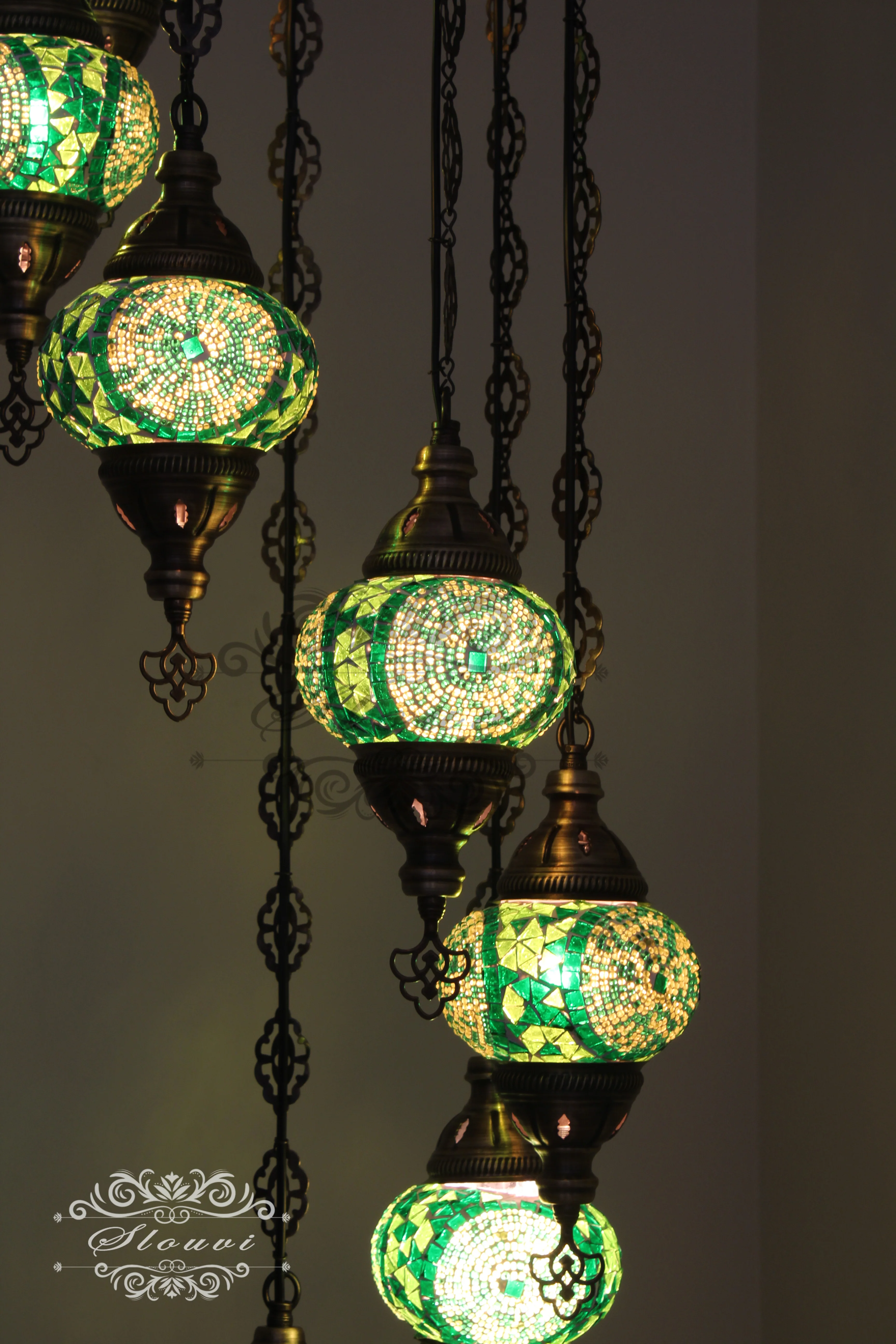 7 Ball Turkish Mosaic Chandelier - Water Drop Design with Medium Globes, ID: H7M-05