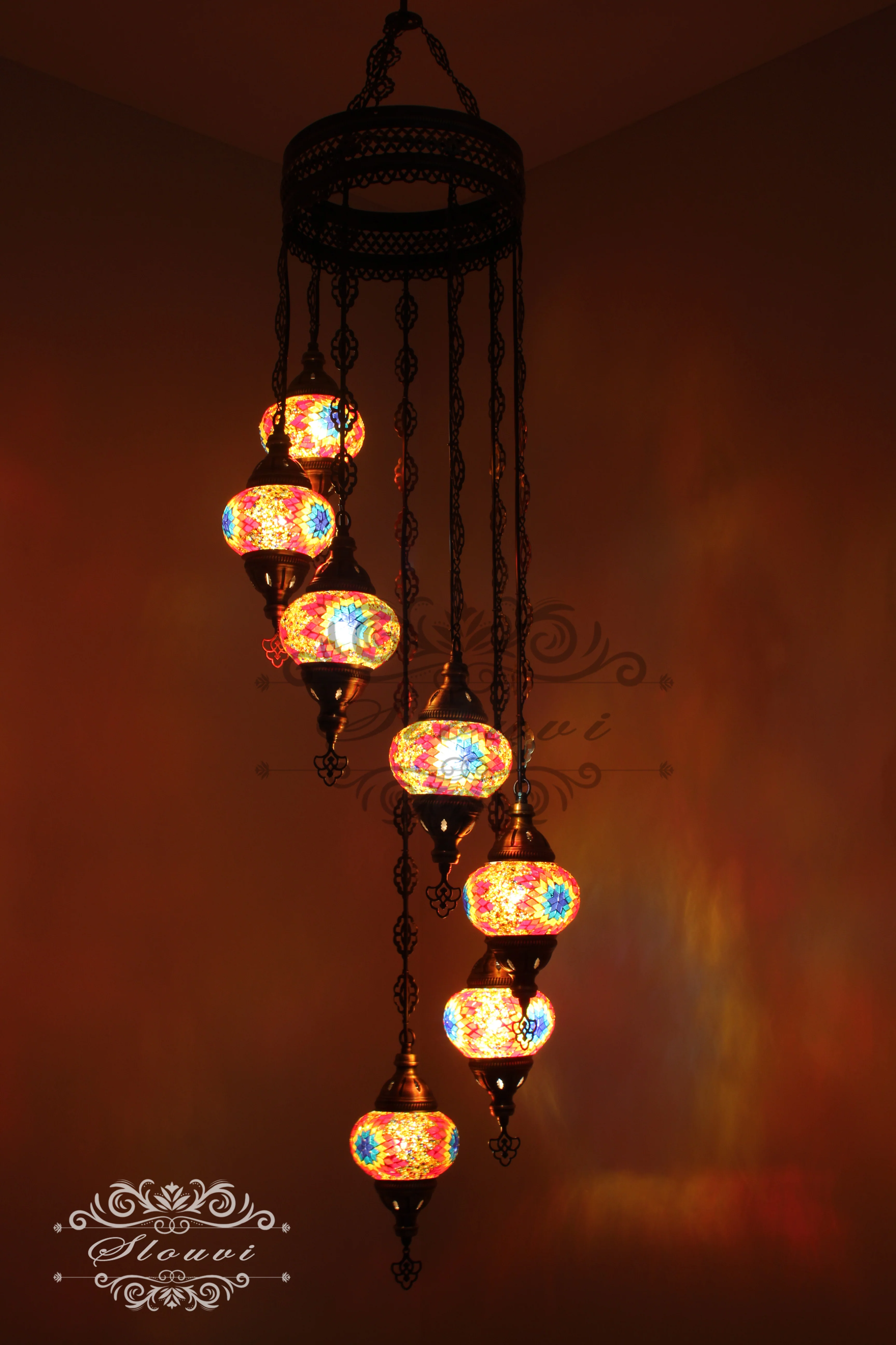 7 Ball Turkish Mosaic Chandelier - Water Drop Design with Medium Globes, ID: H7M-06 - Image 2