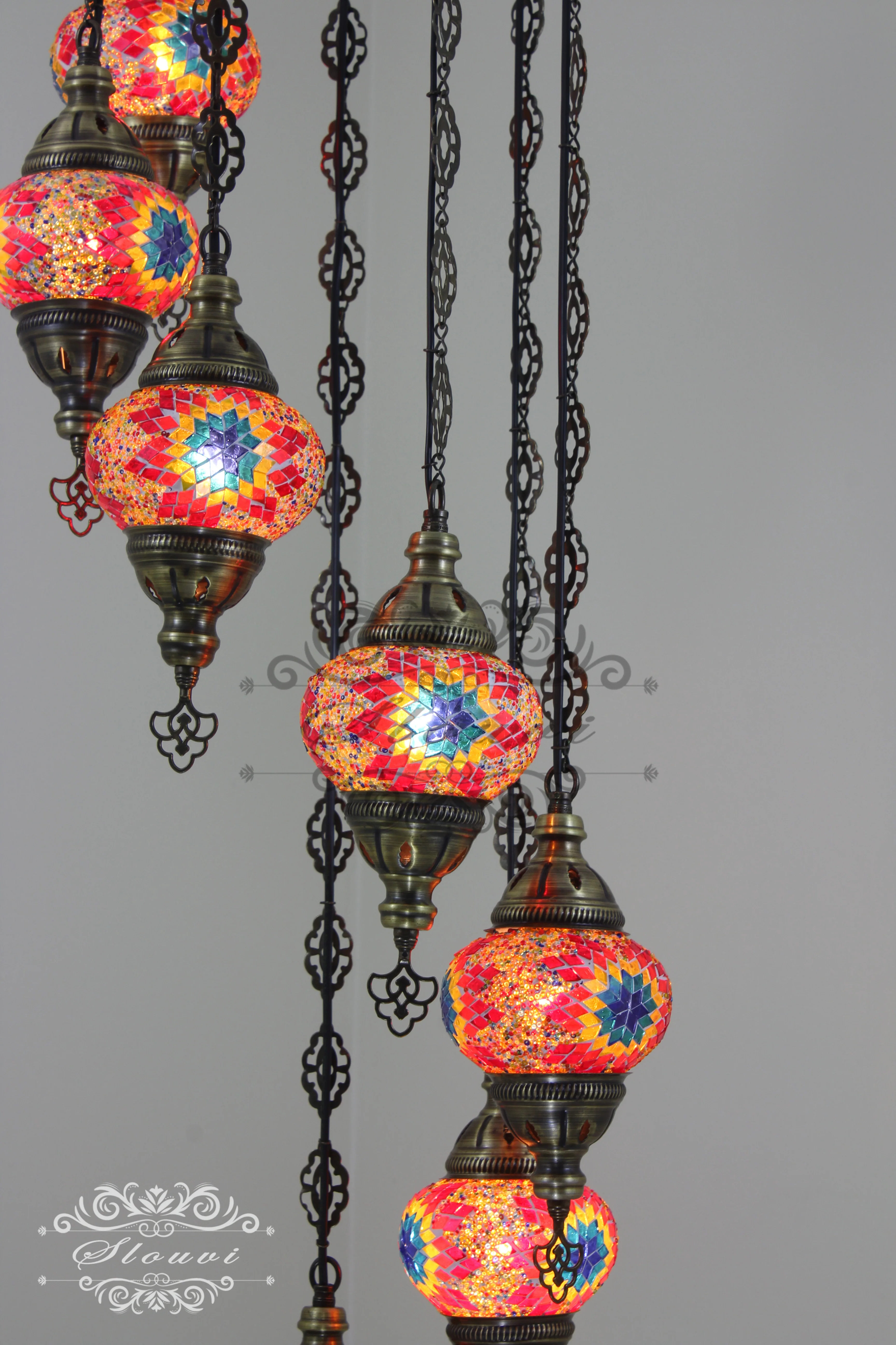 7 Ball Turkish Mosaic Chandelier - Water Drop Design with Medium Globes, ID: H7M-06 - Image 3