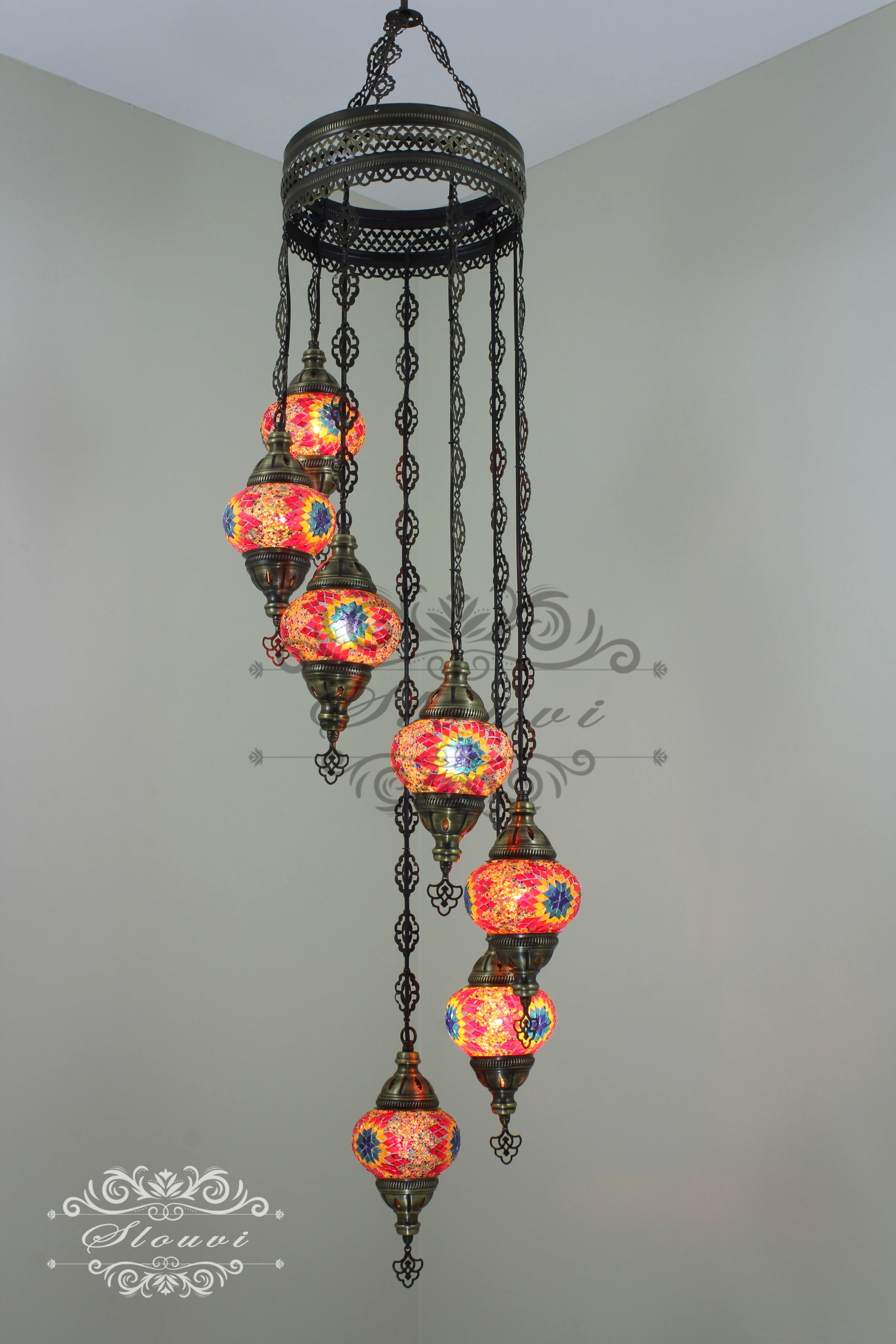 7 Ball Turkish Mosaic Chandelier - Water Drop Design with Medium Globes, ID: H7M-06 - Image 4