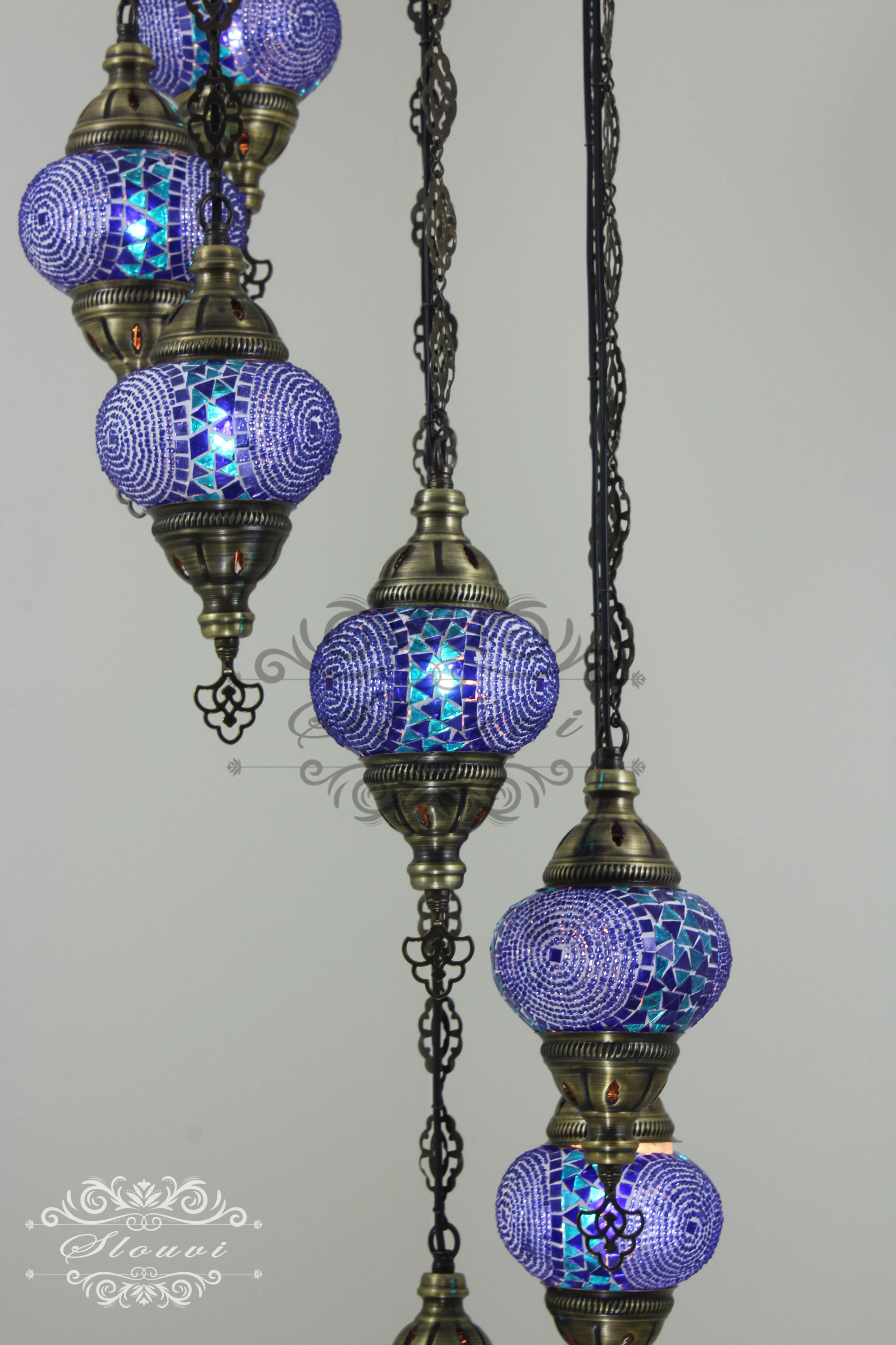 7 Ball Turkish Mosaic Chandelier - Water Drop Design with Medium Globes, ID: H7M-07 - Image 3