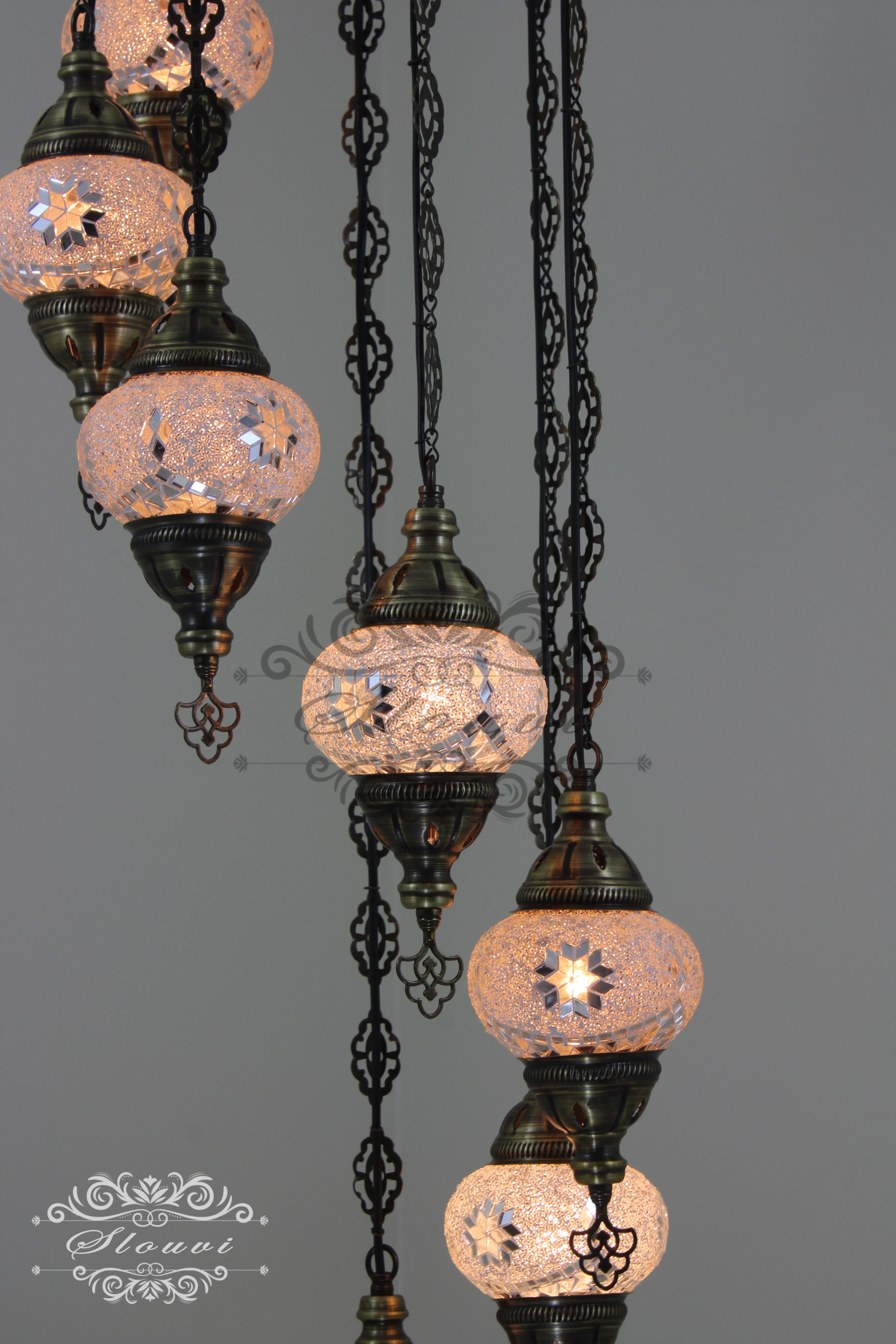 7 Ball Turkish Mosaic Chandelier - Water Drop Design with Medium Globes, ID: H7M-08 - Image 2