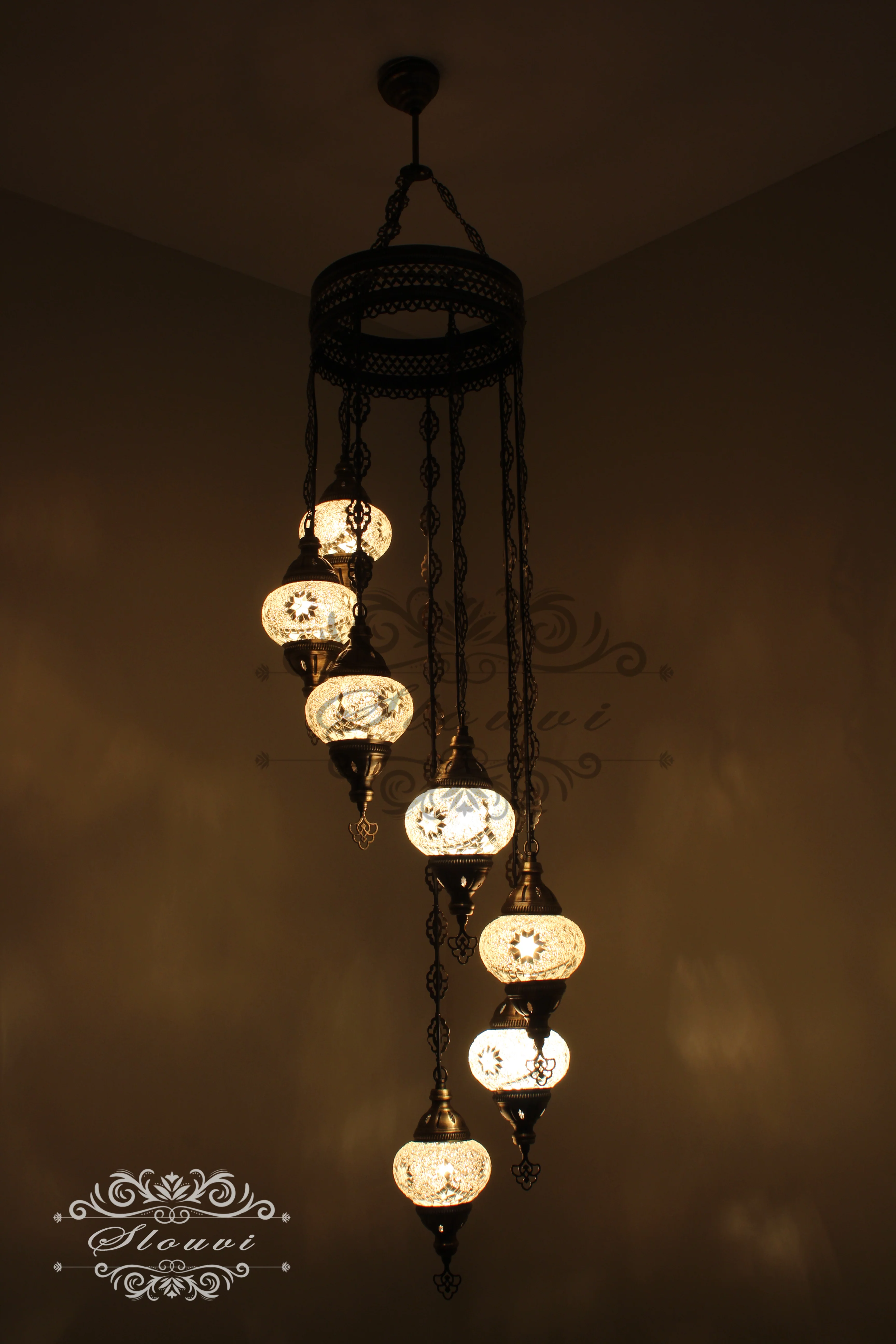 7 Ball Turkish Mosaic Chandelier - Water Drop Design with Medium Globes, ID: H7M-08 - Image 3
