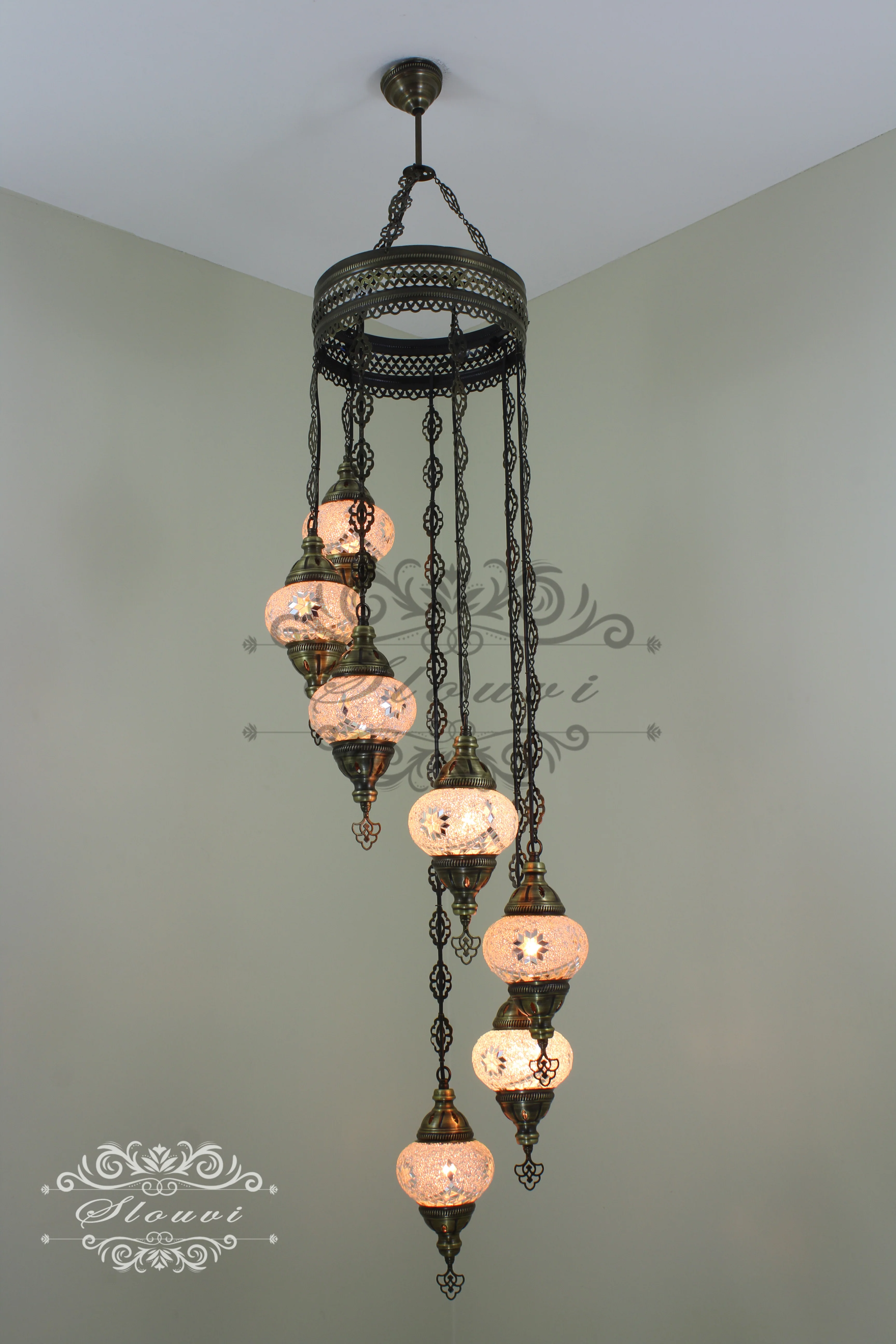 7 Ball Turkish Mosaic Chandelier - Water Drop Design with Medium Globes, ID: H7M-08 - Image 4