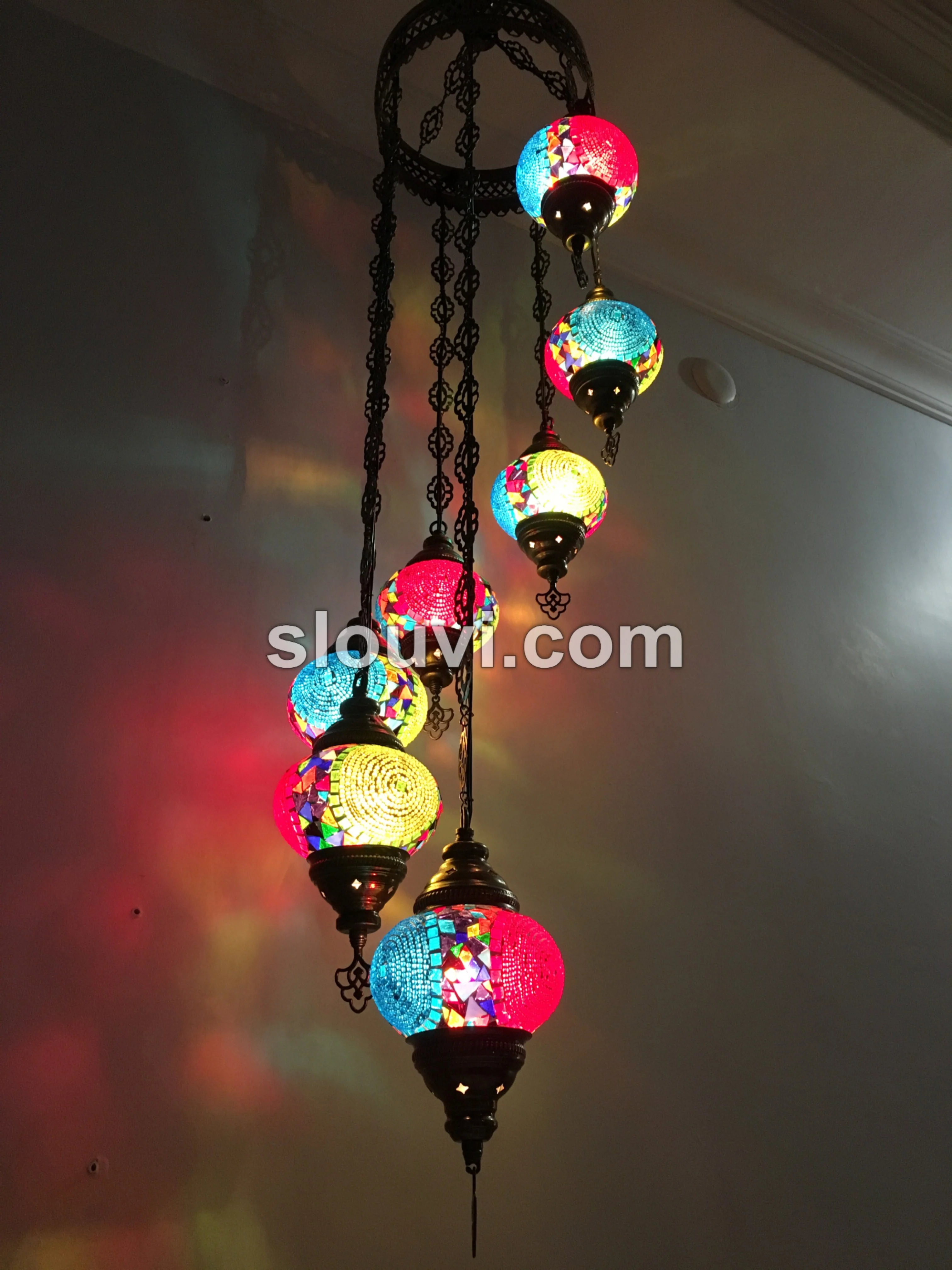 7 Ball Turkish Mosaic Chandelier - Water Drop Design with Medium Globes, ID: H7M-12 - Image 4