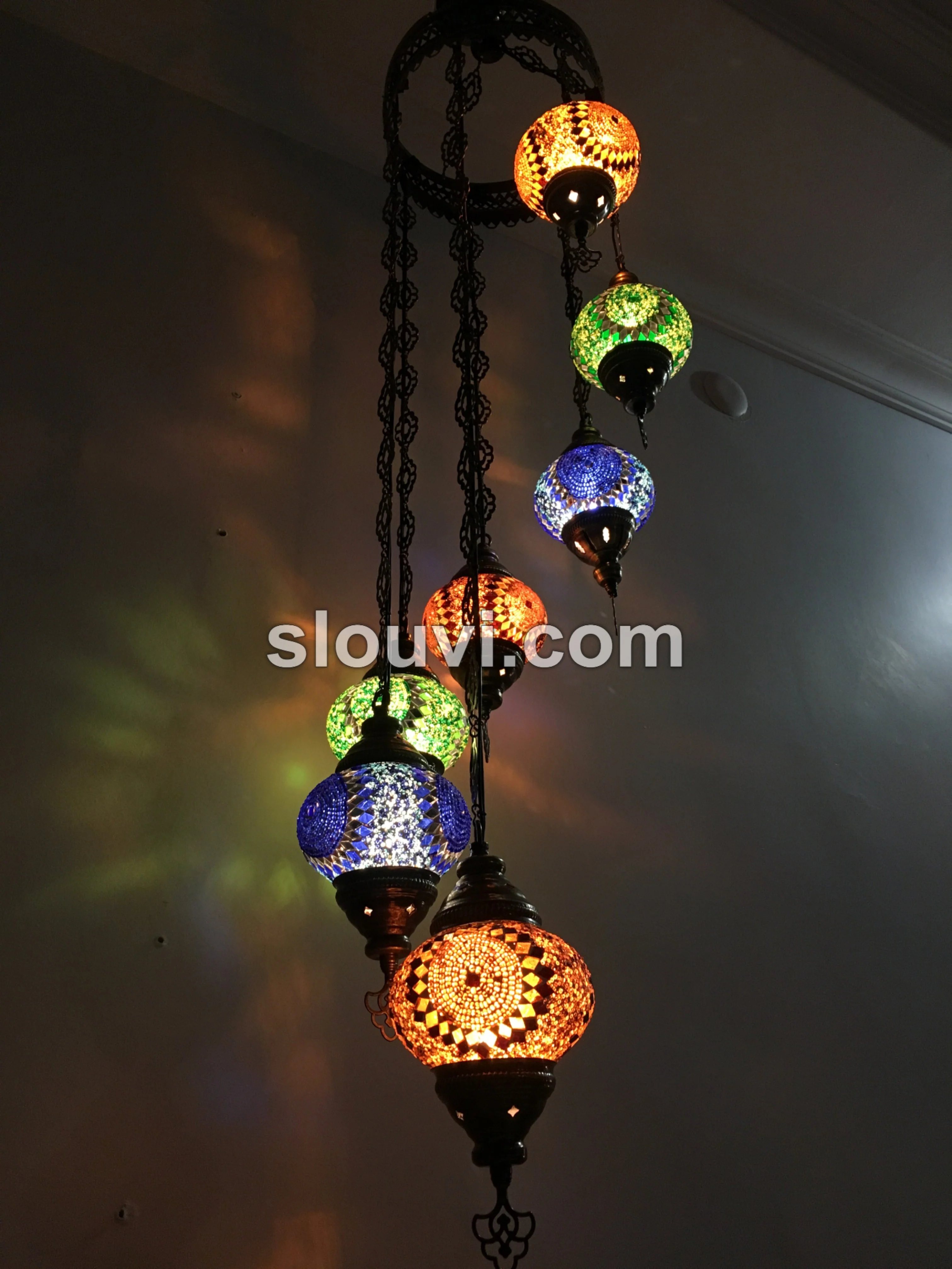 7 Ball Turkish Mosaic Chandelier - Water Drop Design with Medium Globes, ID: H7M-13 - Image 5
