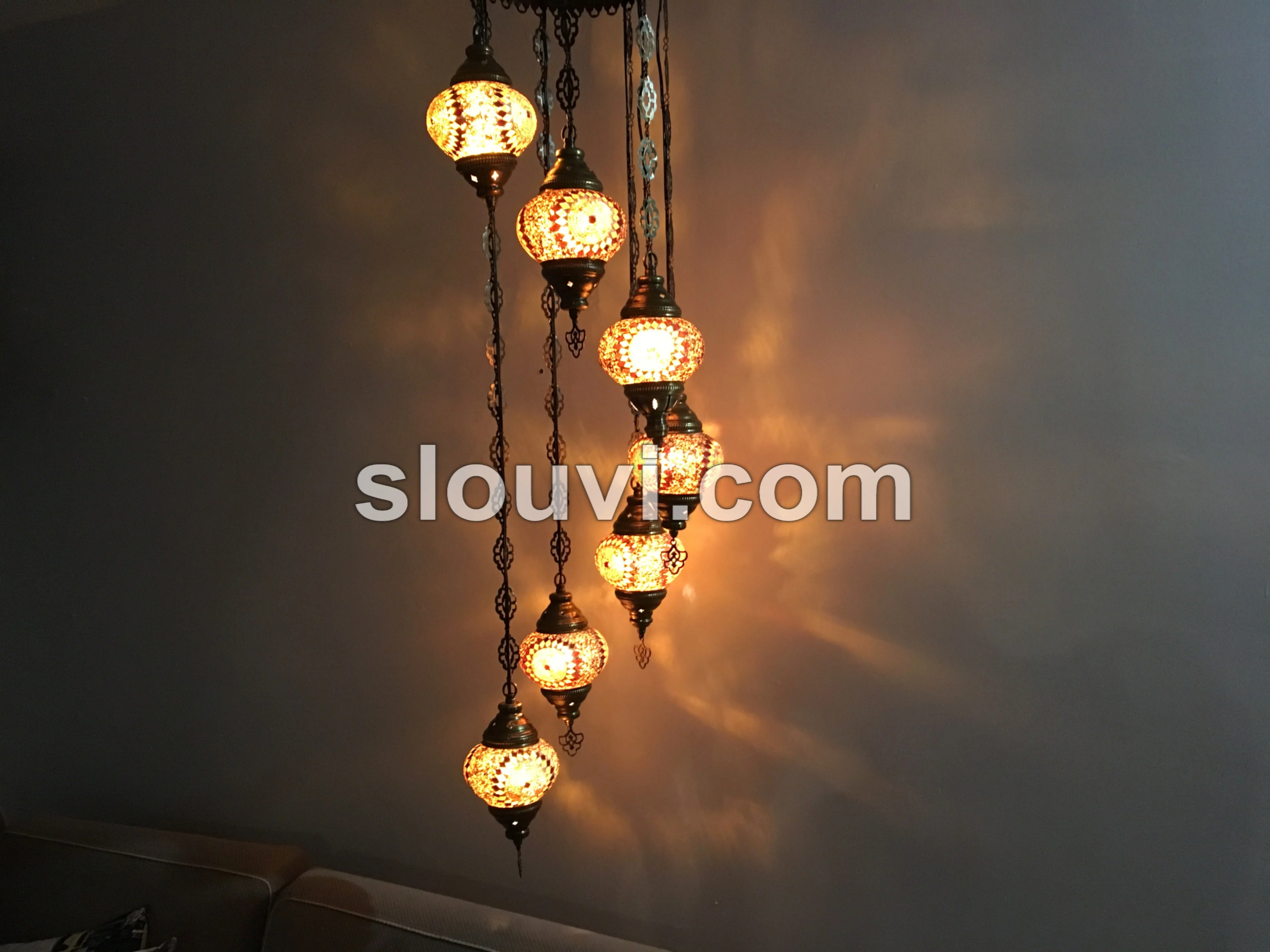 7 Ball Turkish Mosaic Chandelier - Water Drop Design with Medium Globes, ID: H7M-14 - Image 4