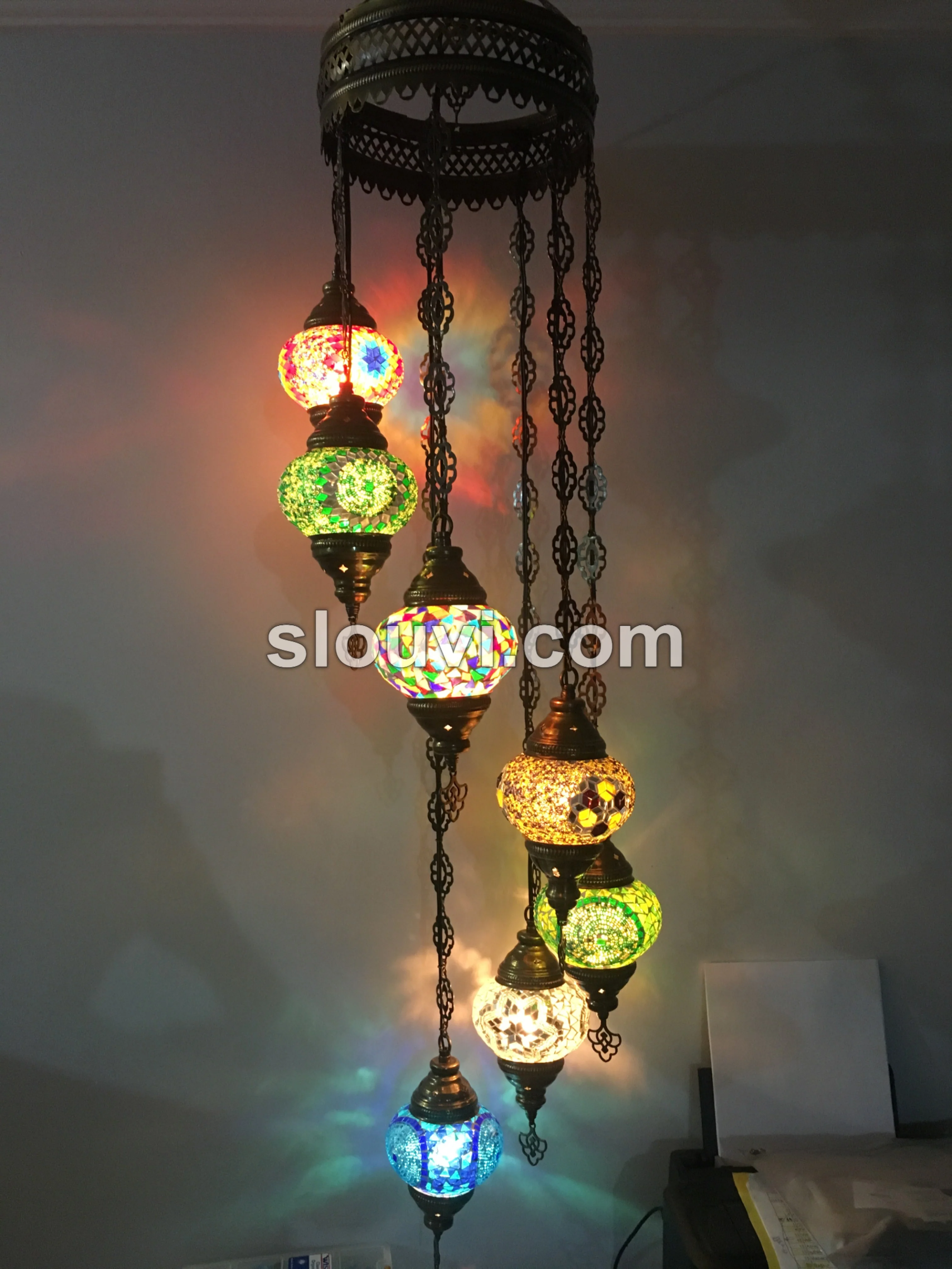 7 Ball Turkish Mosaic Chandelier - Water Drop Design with Medium Globes, ID: H7M-17 - Image 3