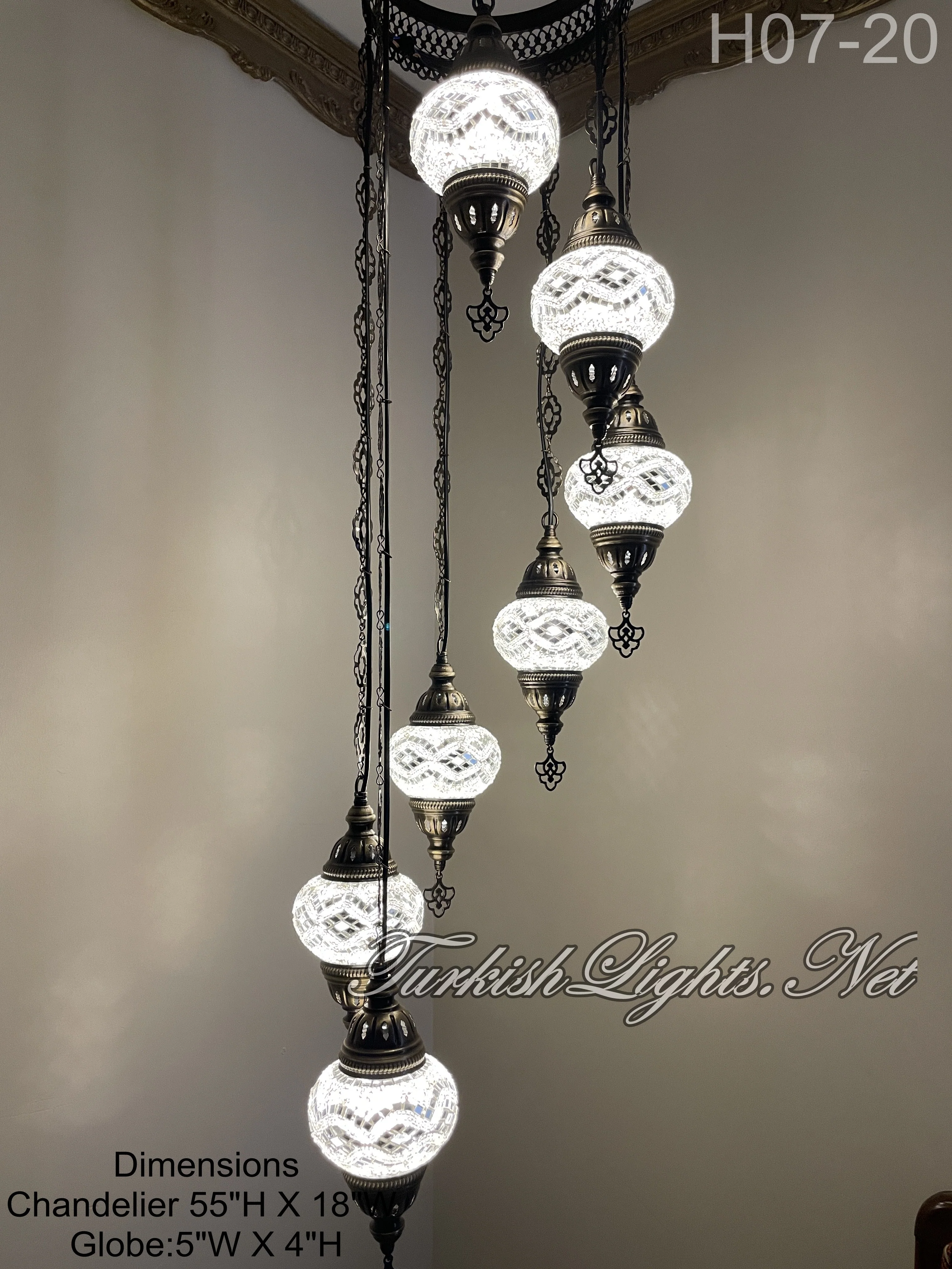 7 Ball Turkish Mosaic Chandelier - Water Drop Design with Medium Globes, ID: H7M-20 - Image 2