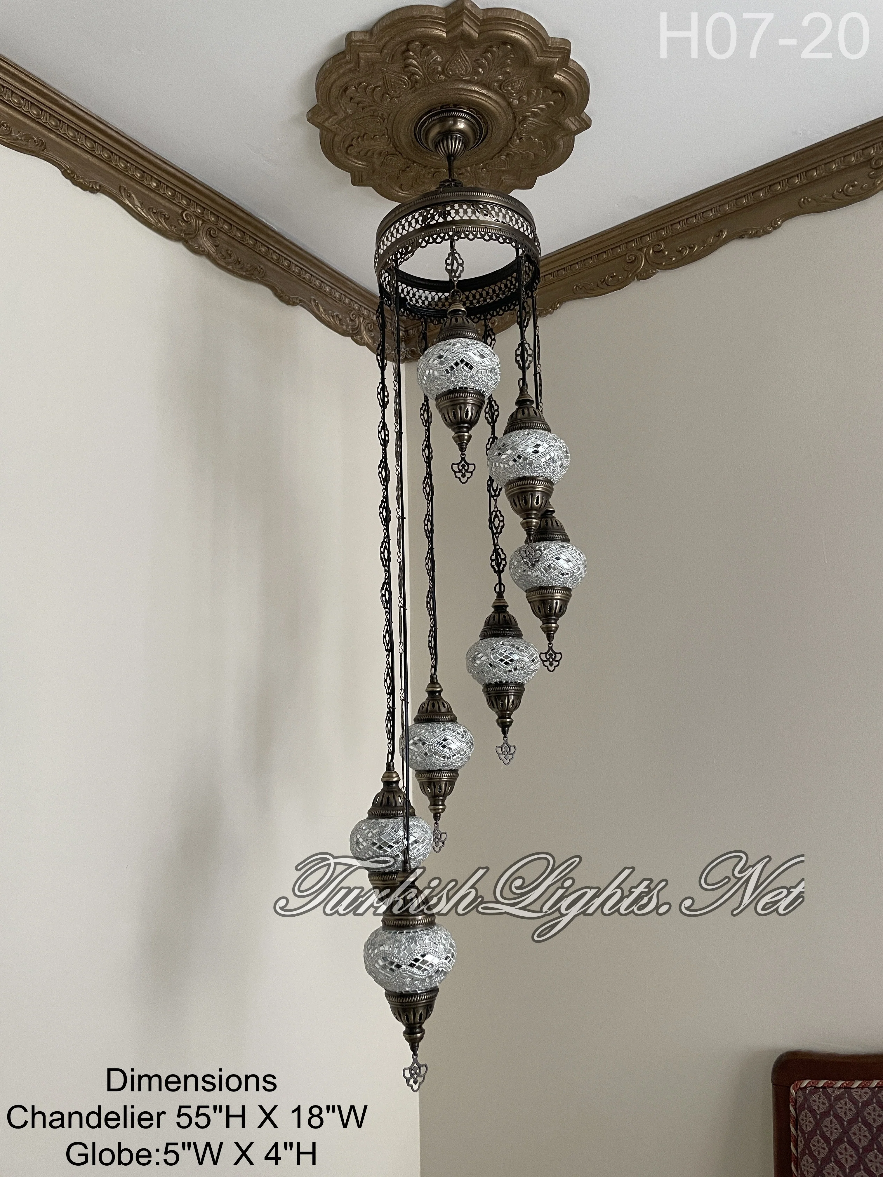 7 Ball Turkish Mosaic Chandelier - Water Drop Design with Medium Globes, ID: H7M-20 - Image 3