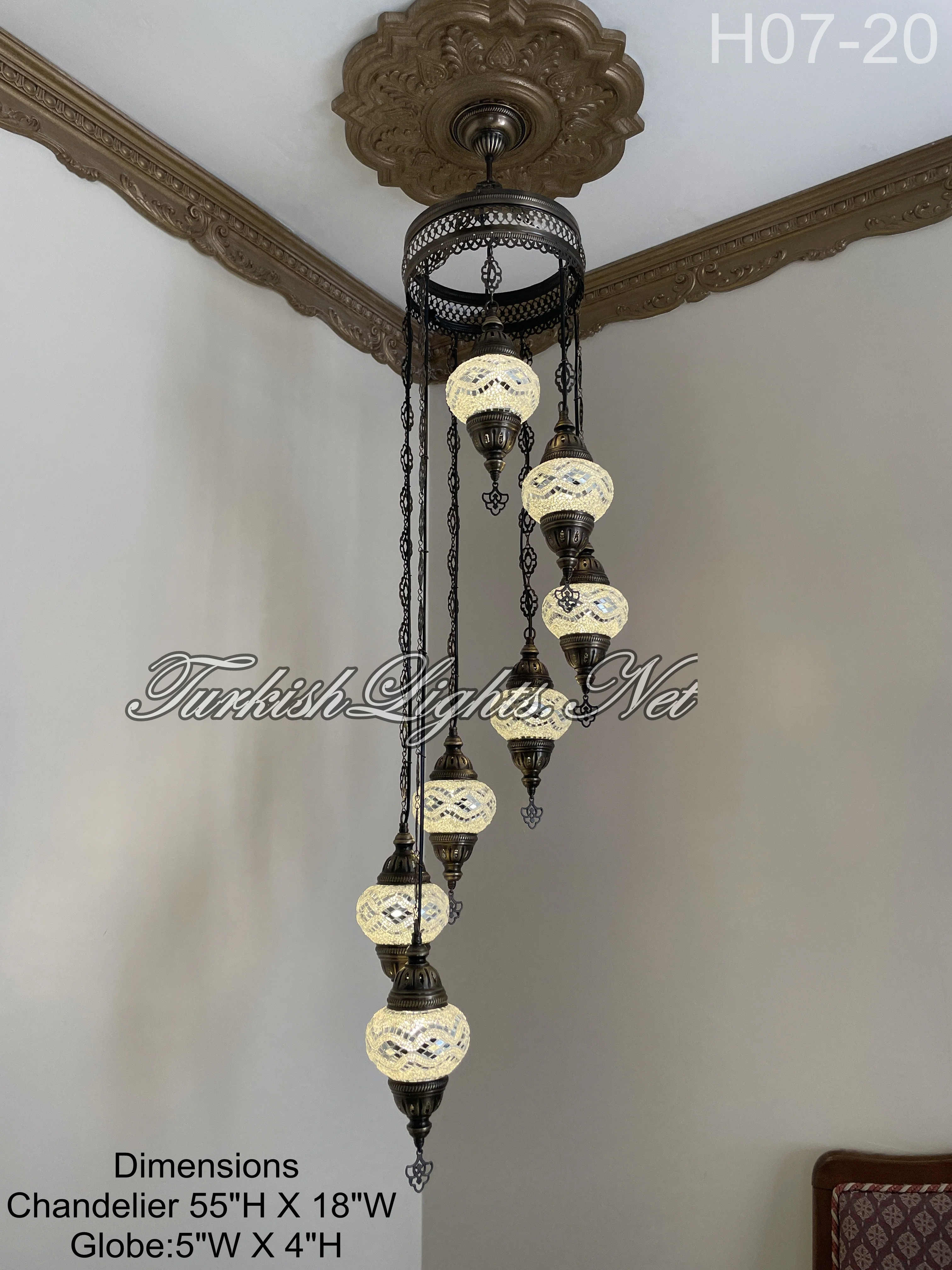 7 Ball Turkish Mosaic Chandelier - Water Drop Design with Medium Globes, ID: H7M-20 - Image 4