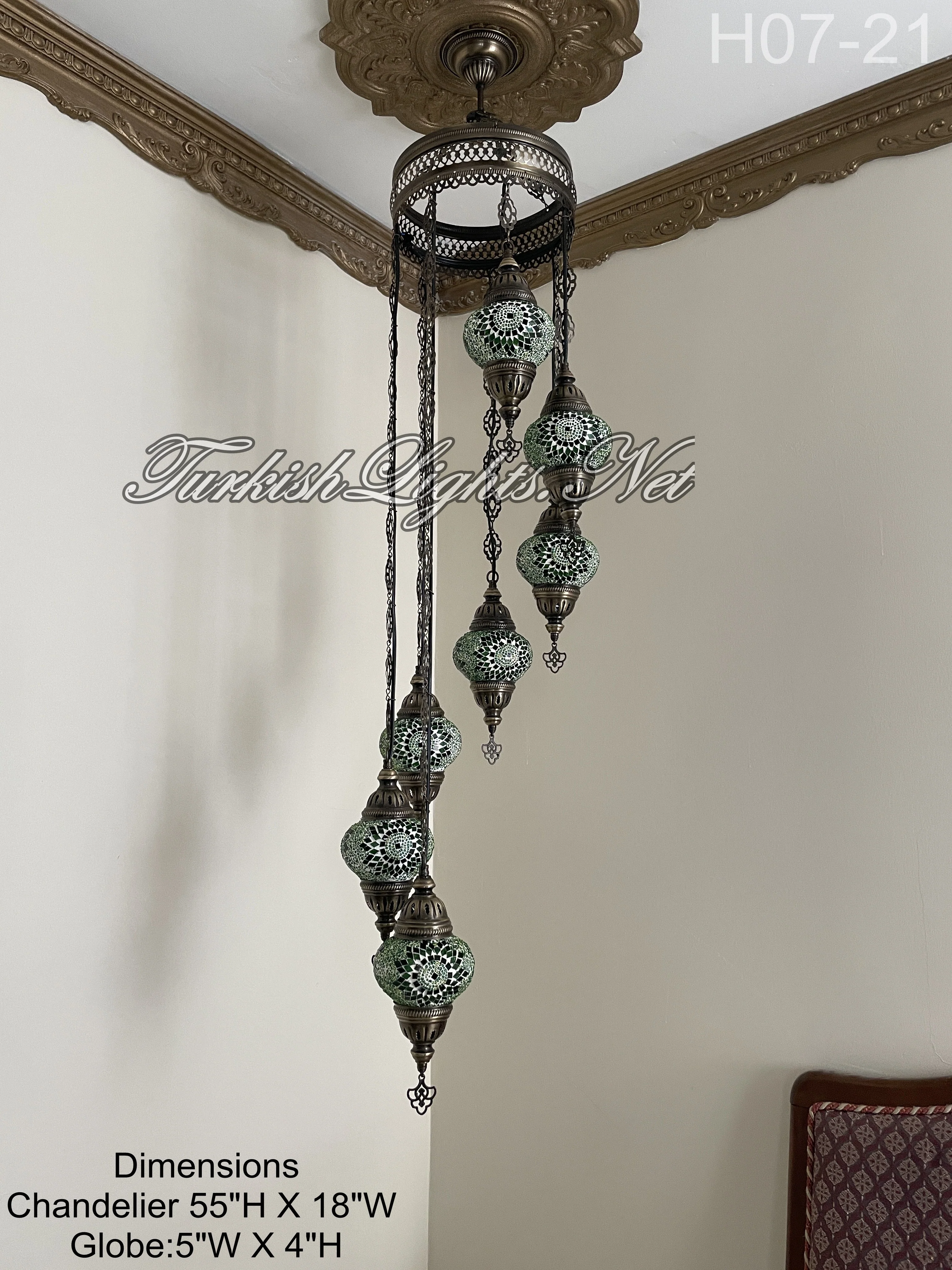 7 Ball Turkish Mosaic Chandelier - Water Drop Design with Medium Globes, ID: H7M-21 - Image 3