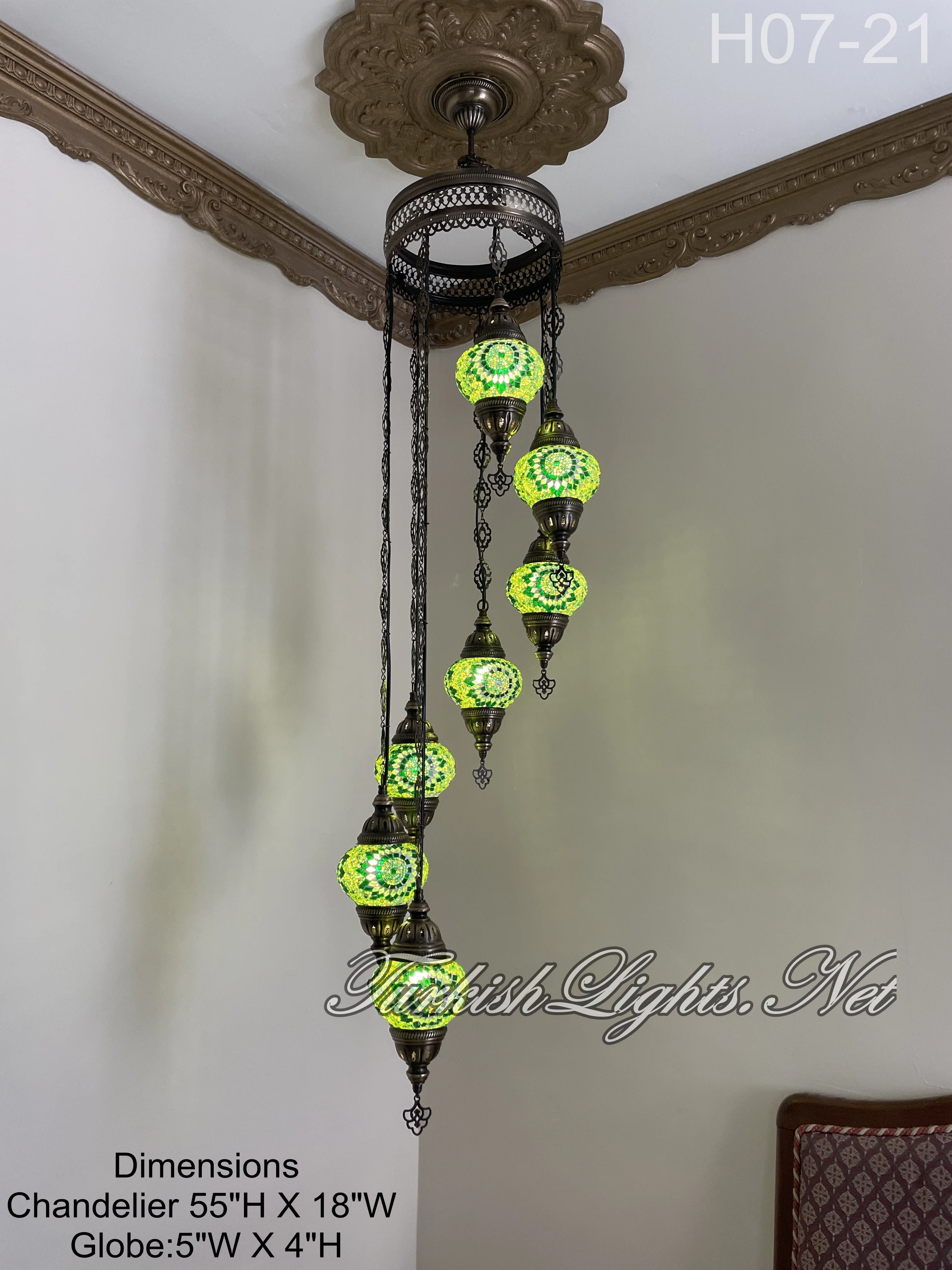 7 Ball Turkish Mosaic Chandelier - Water Drop Design with Medium Globes, ID: H7M-21 - Image 4