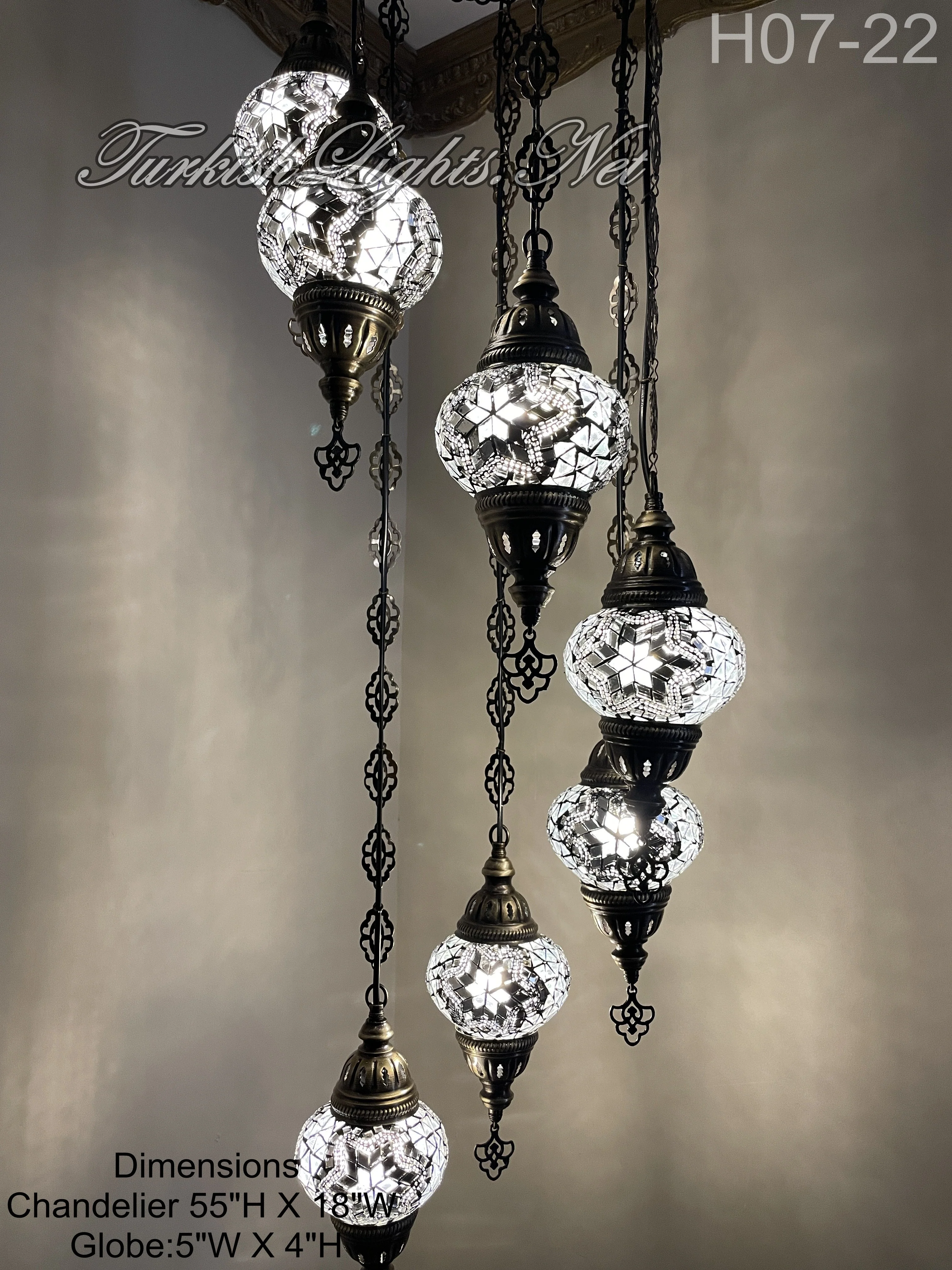 7 Ball Turkish Mosaic Chandelier - Water Drop Design with Medium Globes, ID: H7M-22 - Image 2