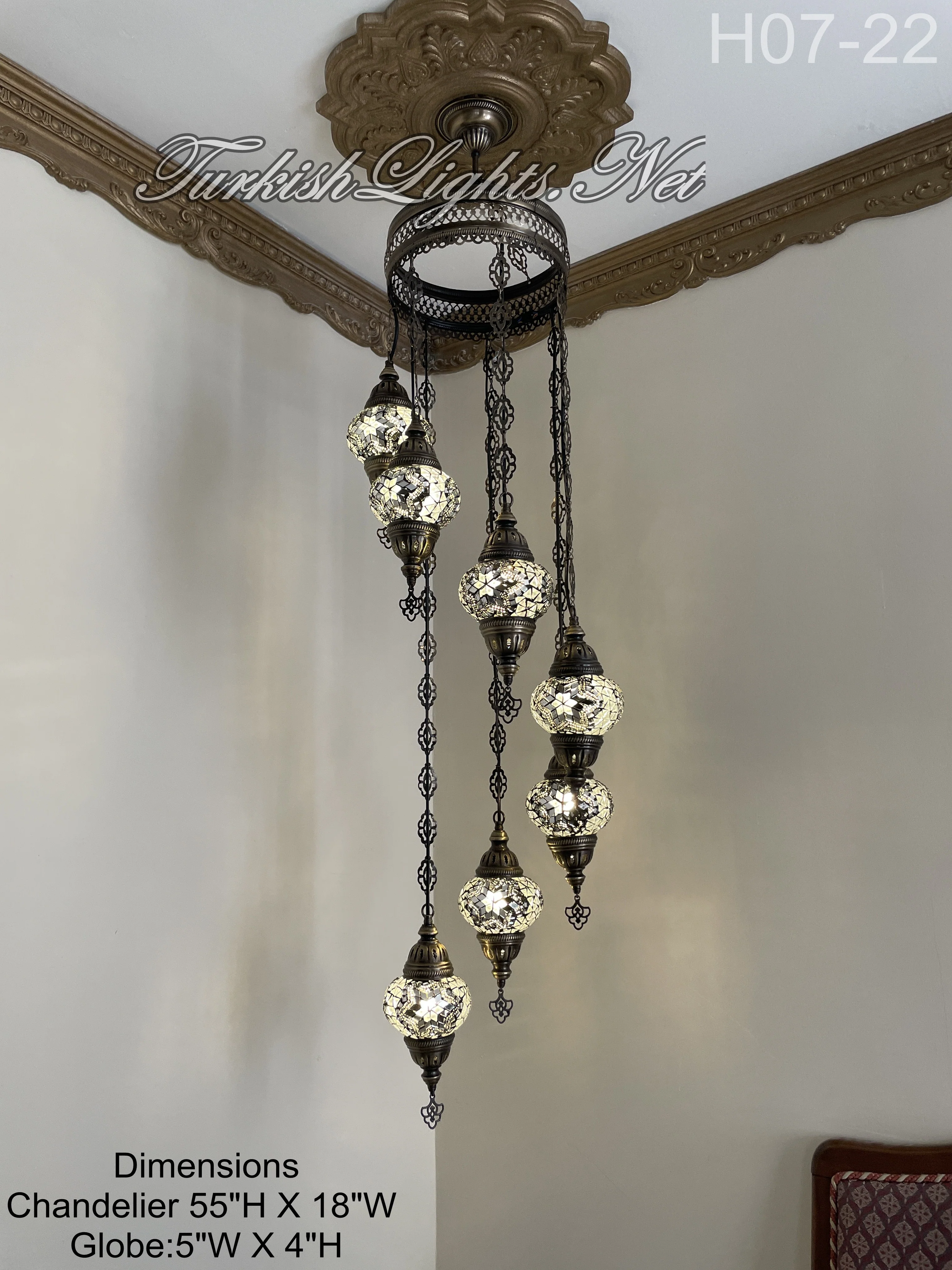 7 Ball Turkish Mosaic Chandelier - Water Drop Design with Medium Globes, ID: H7M-22 - Image 4
