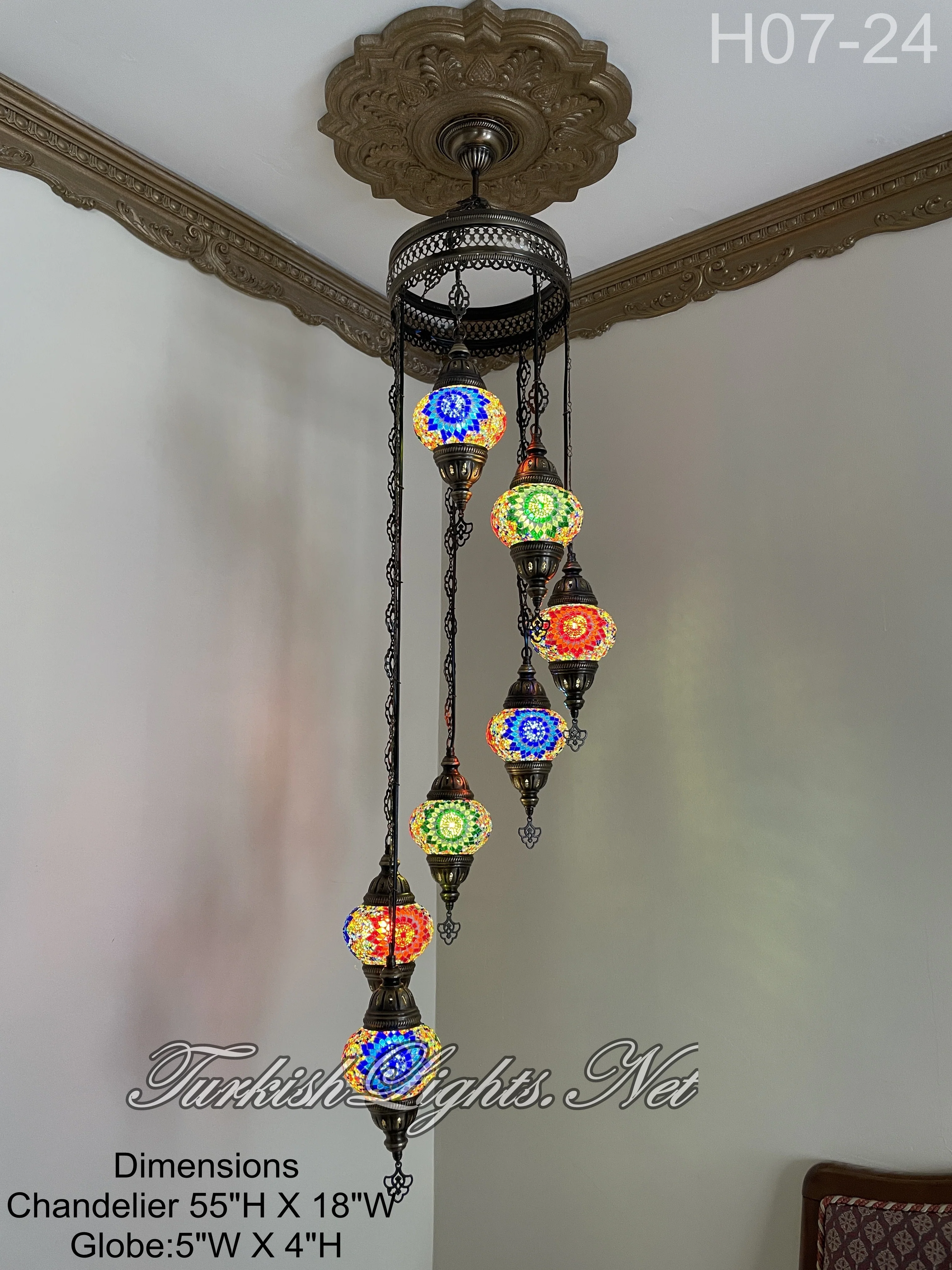 7 Ball Turkish Mosaic Chandelier - Water Drop Design with Medium Globes, ID: H7M-24 - Image 4