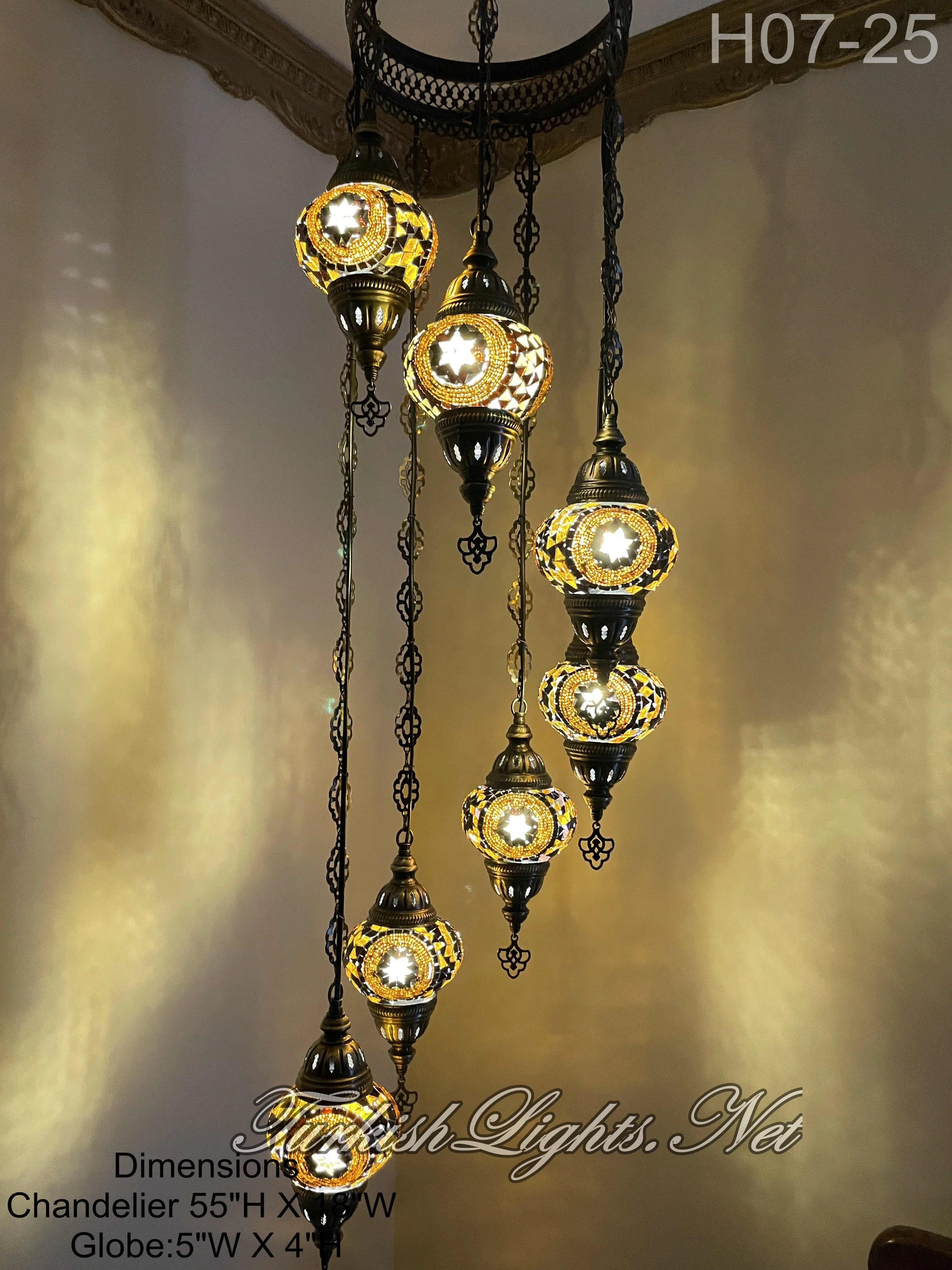 7 Ball Turkish Mosaic Chandelier - Water Drop Design with Medium Globes, ID: H7M-25 - Image 2
