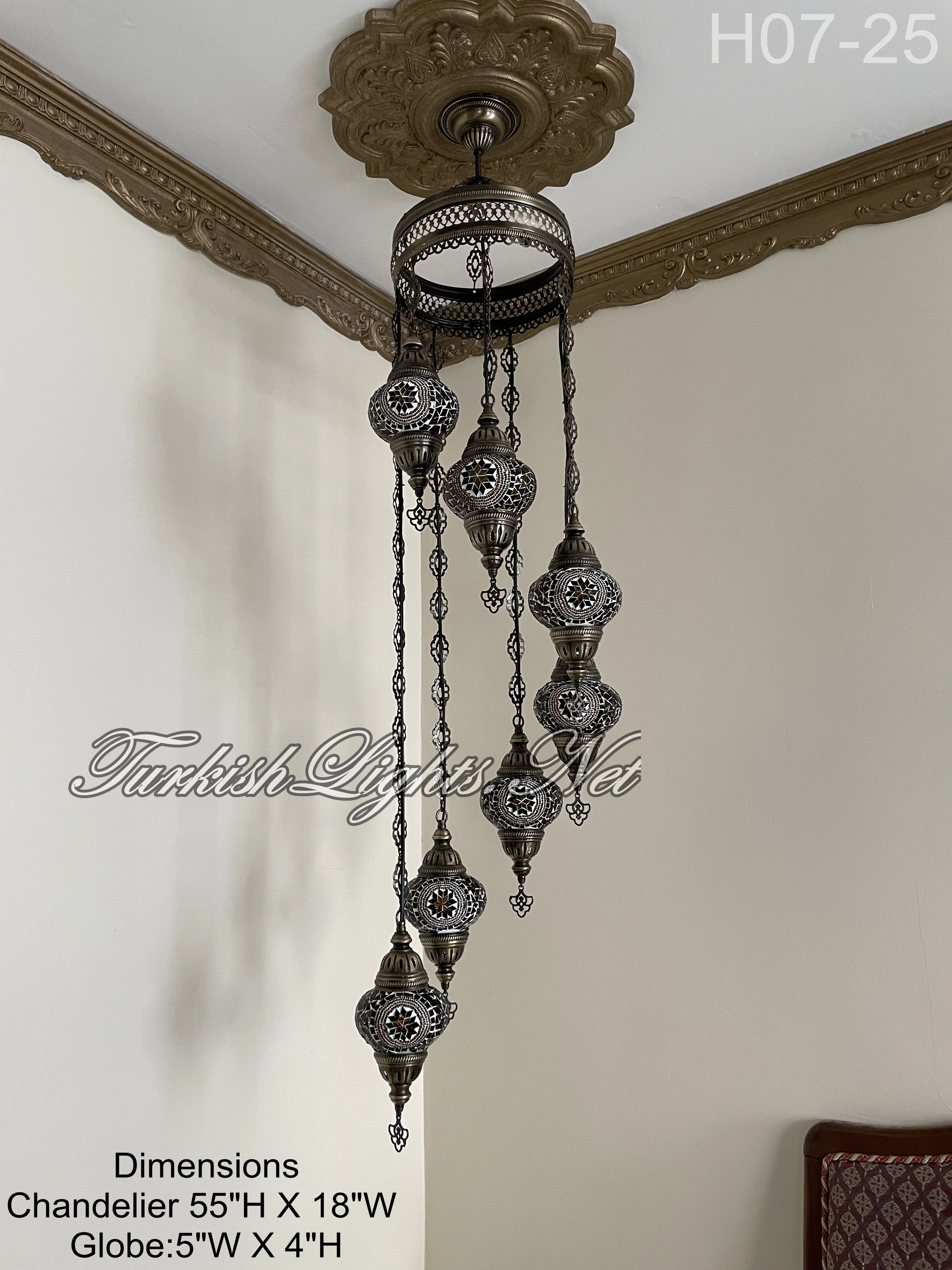 7 Ball Turkish Mosaic Chandelier - Water Drop Design with Medium Globes, ID: H7M-25 - Image 3