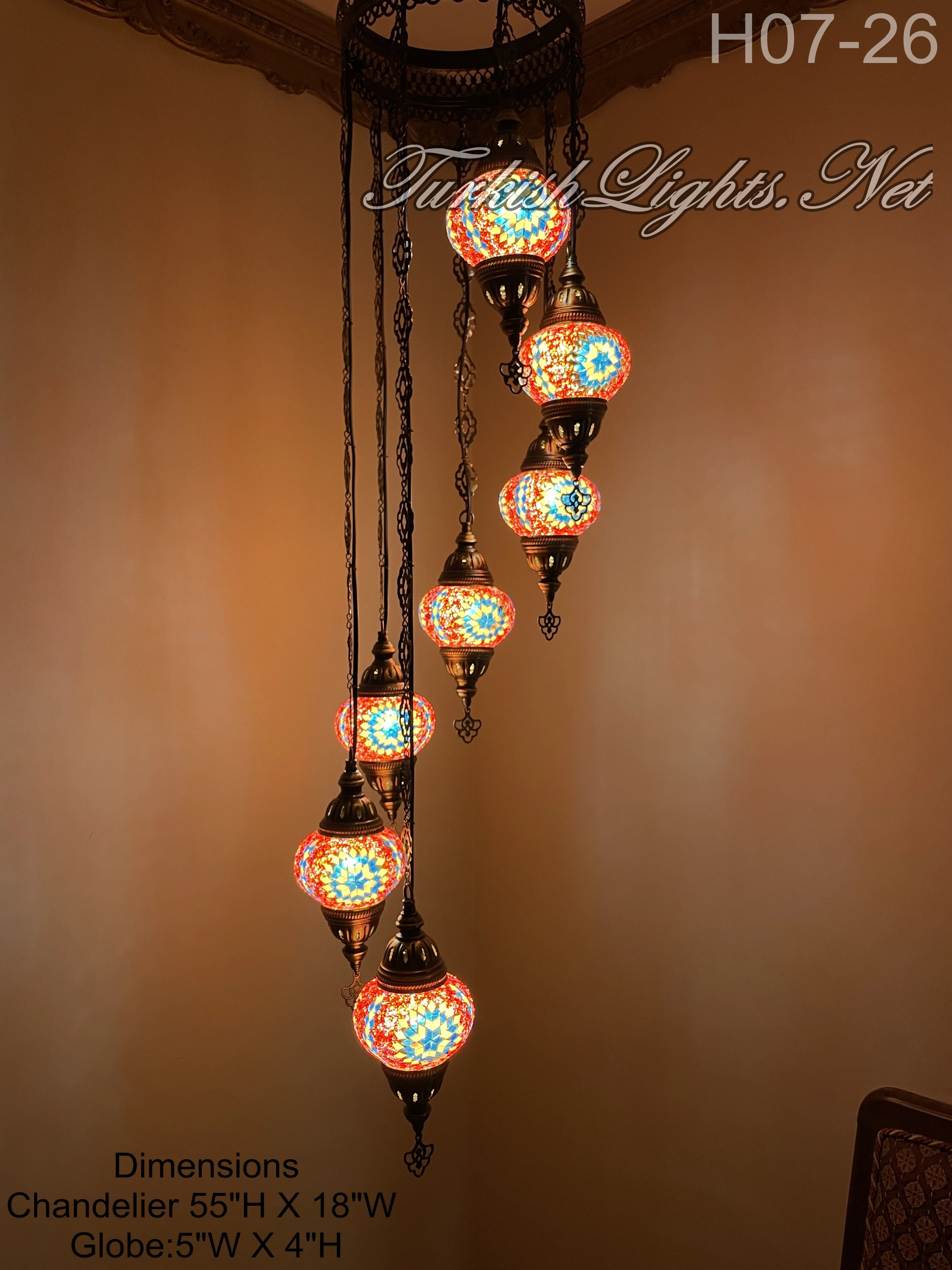 7 Ball Turkish Mosaic Chandelier - Water Drop Design with Medium Globes, ID: H7M-26 - Image 2