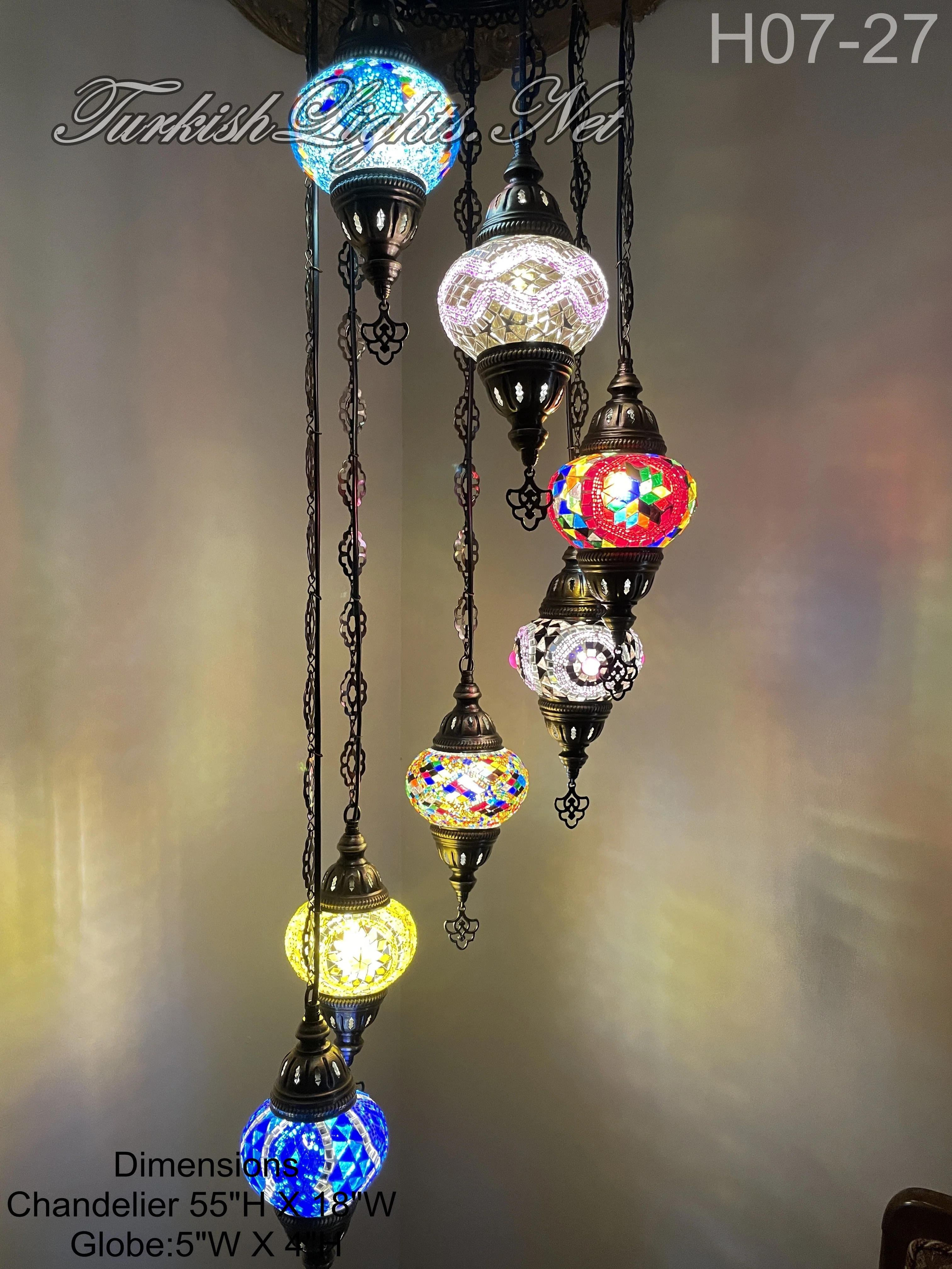 7 Ball Turkish Mosaic Chandelier - Water Drop Design with Medium Globes, ID: H7M-27 - Image 2