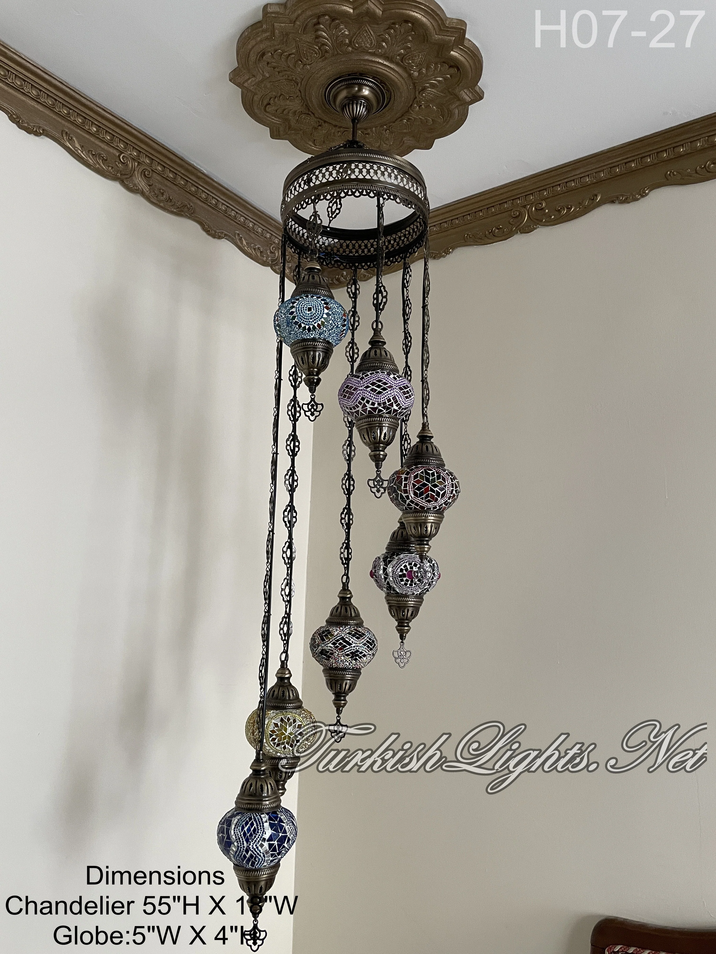 7 Ball Turkish Mosaic Chandelier - Water Drop Design with Medium Globes, ID: H7M-27 - Image 3