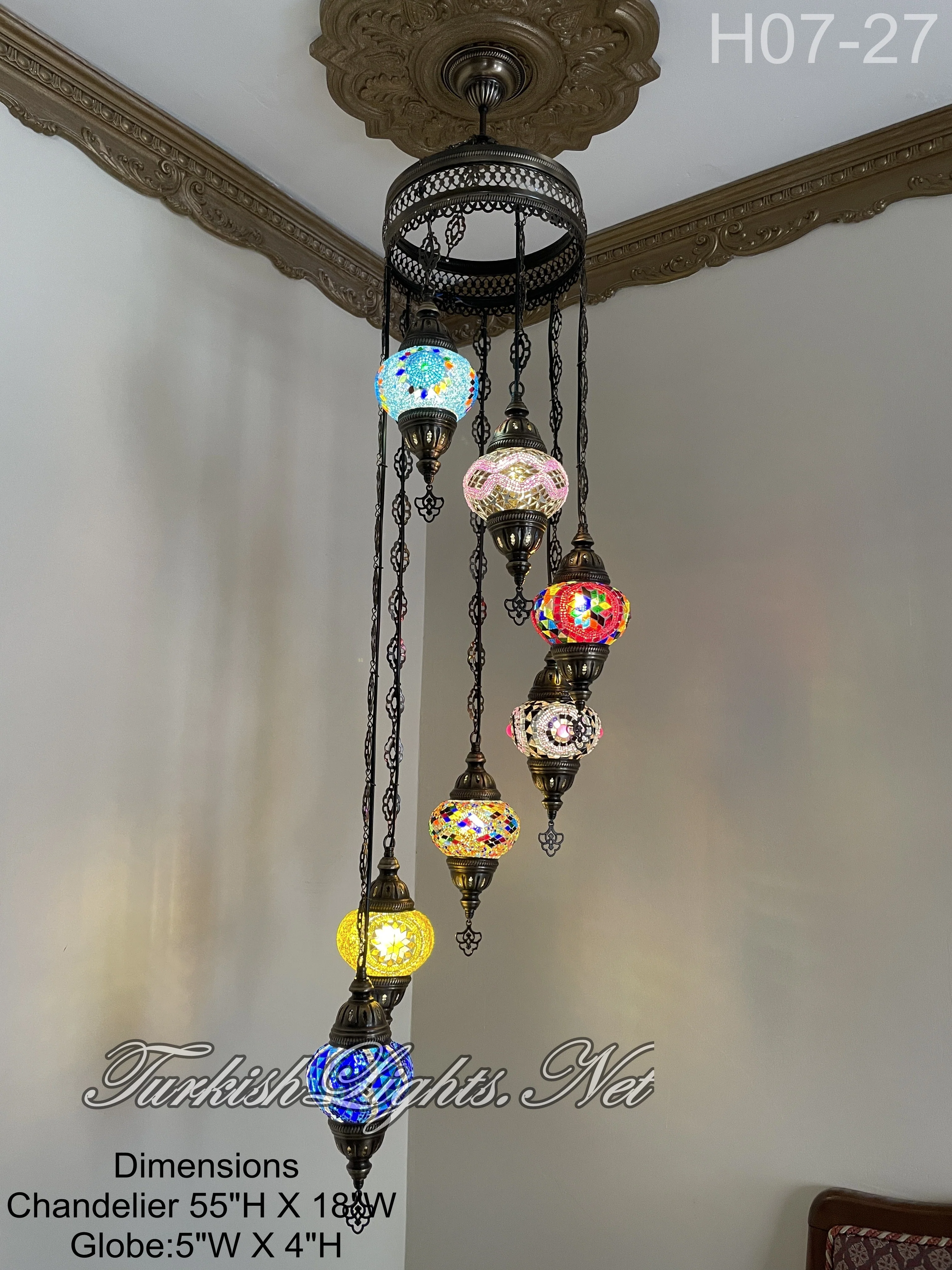 7 Ball Turkish Mosaic Chandelier - Water Drop Design with Medium Globes, ID: H7M-27 - Image 4