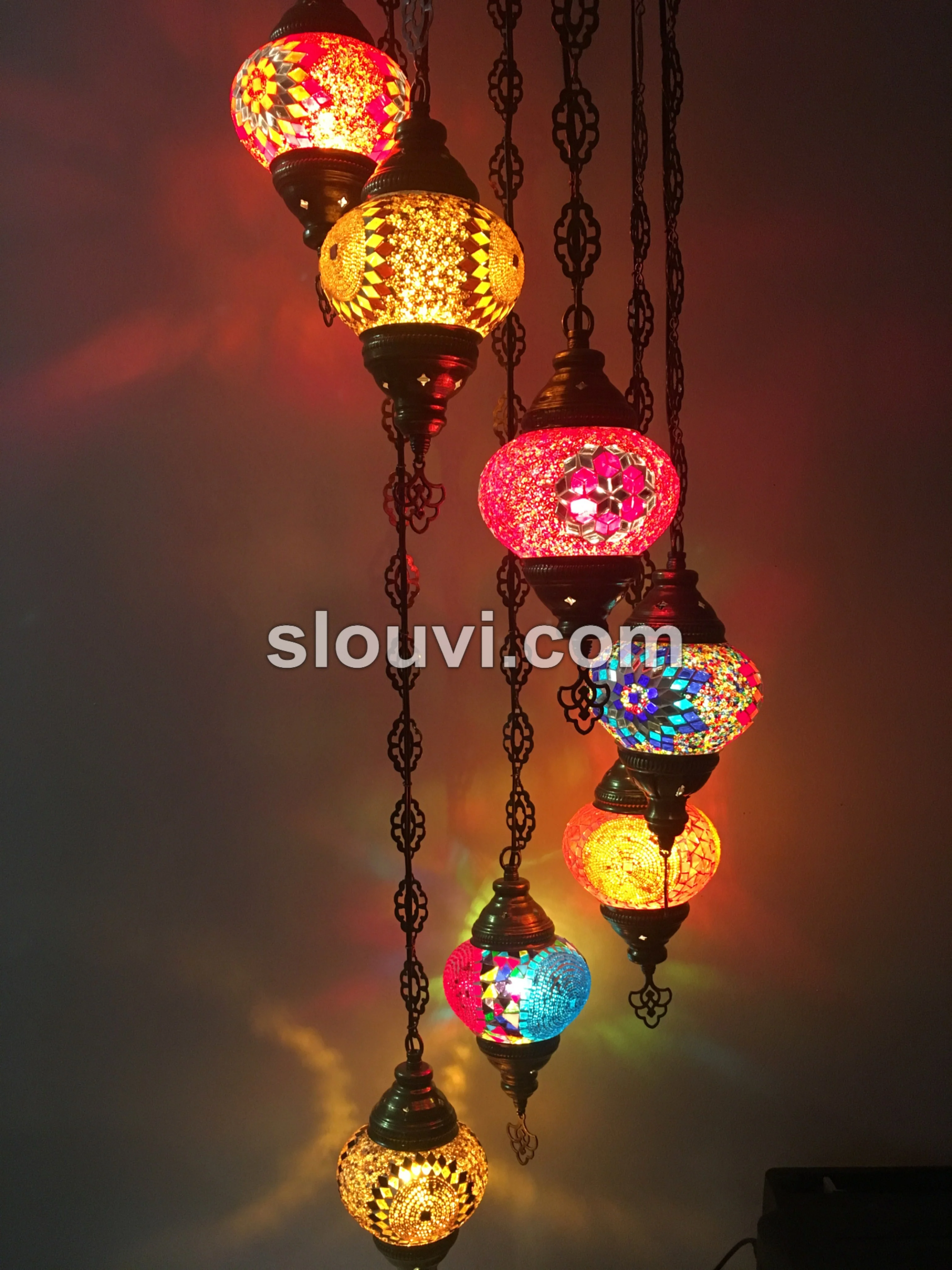 7 Ball Turkish Mosaic Chandelier - Water Drop Design with Medium Globes, ID: H7M-ALL - Image 7