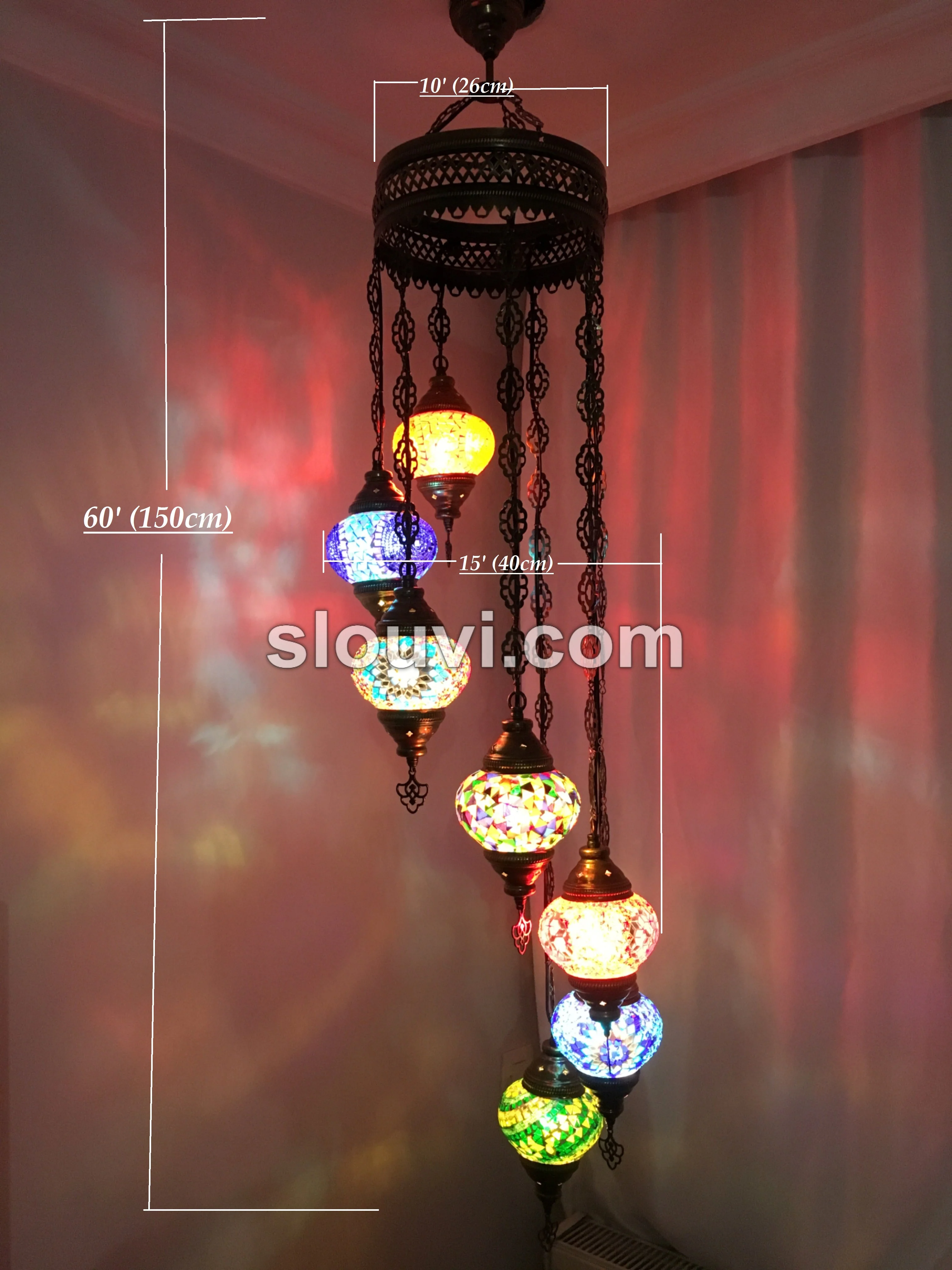 7 Ball Turkish Mosaic Chandelier - Water Drop Design with Medium Globes, ID: H7M-ALL - Image 8