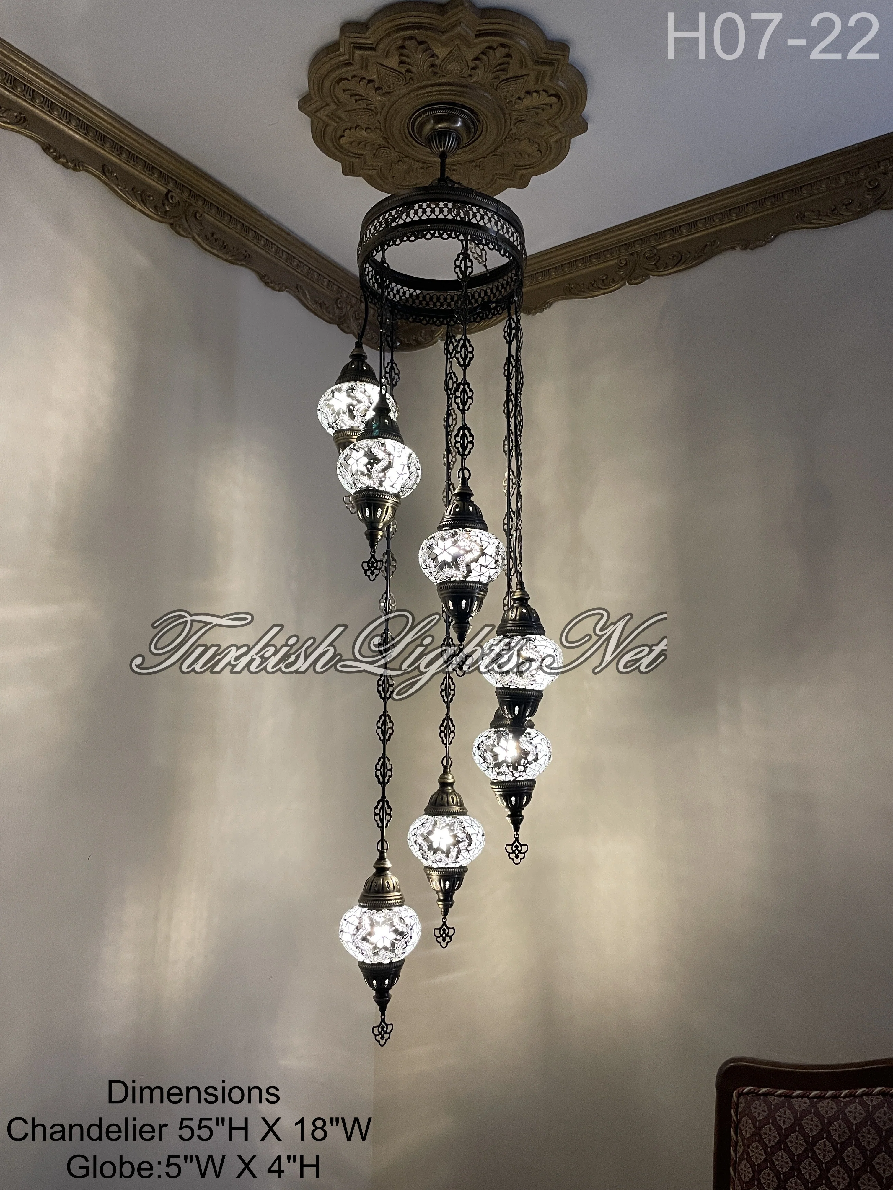 7 Ball Turkish Mosaic Chandelier - Water Drop Design with Medium Globes, ID: H7M-ALL - Image 3