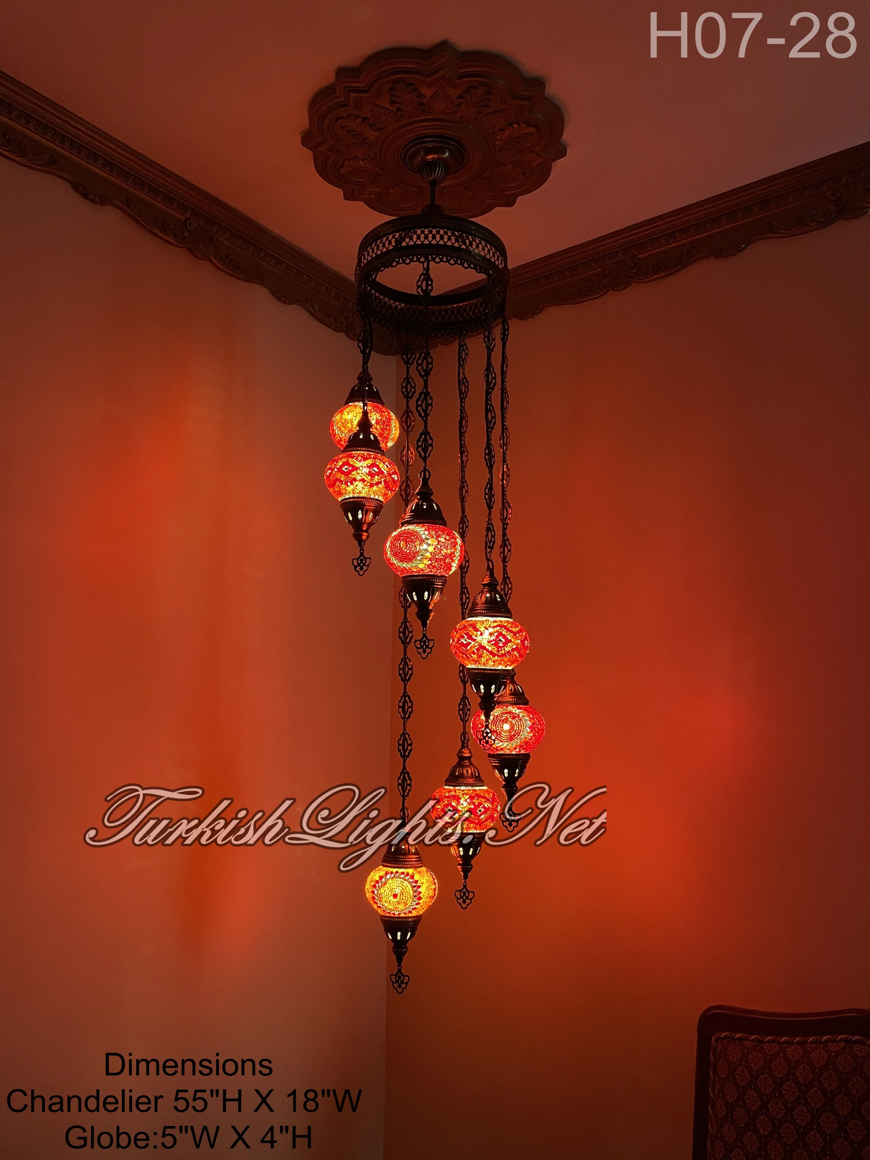 7 Ball Turkish Mosaic Chandelier - Water Drop Design with Medium Globes, ID: H7M-ALL - Image 9