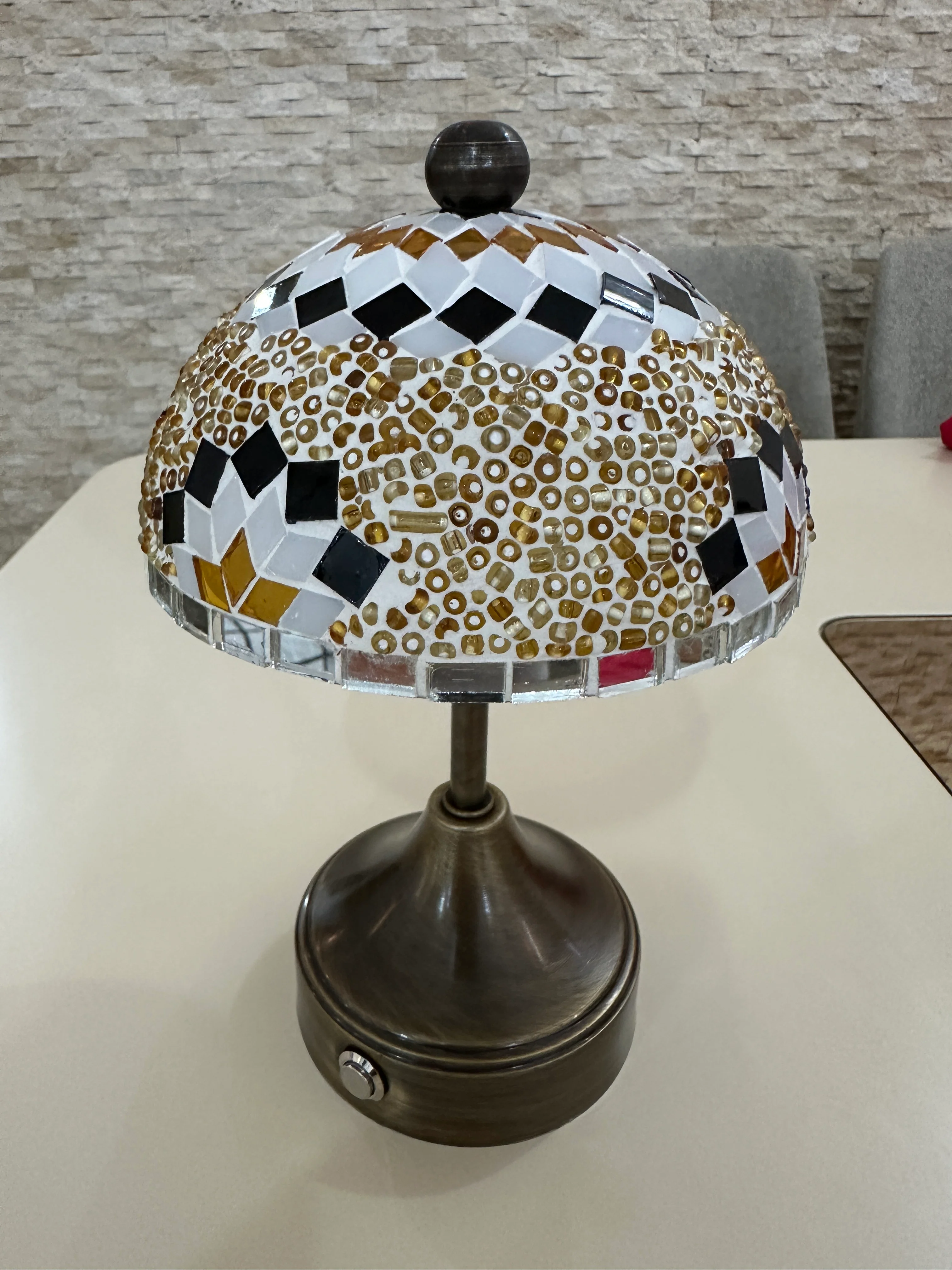 Handmade Turkish Mosaic Mushroom Table Lamp – Rechargeable, Cordless - Brown/Amber - Image 4