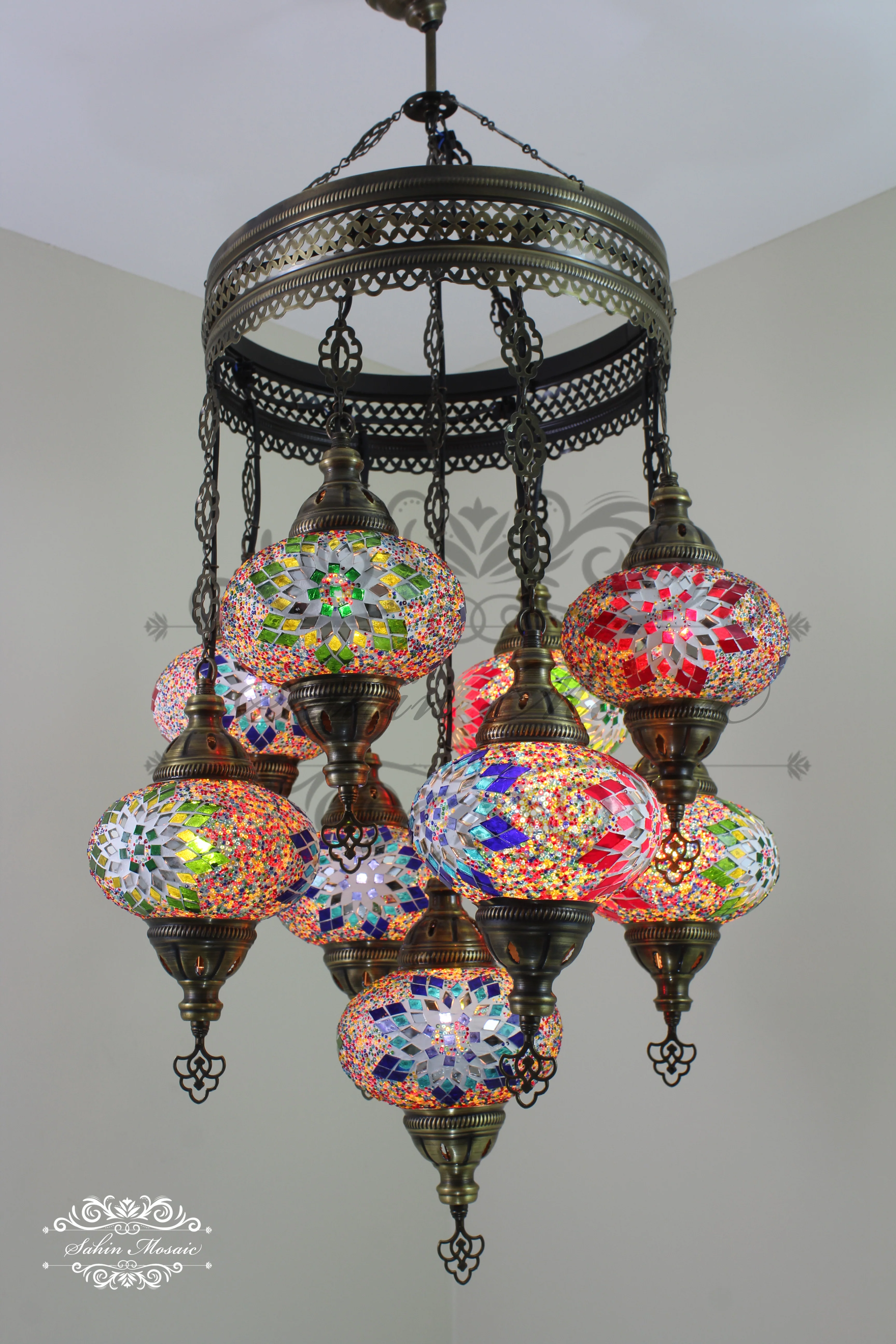 9-Ball Turkish Sultan Mosaic Chandelier - Handmade Large Globes | ID: 9SL-J - Image 3