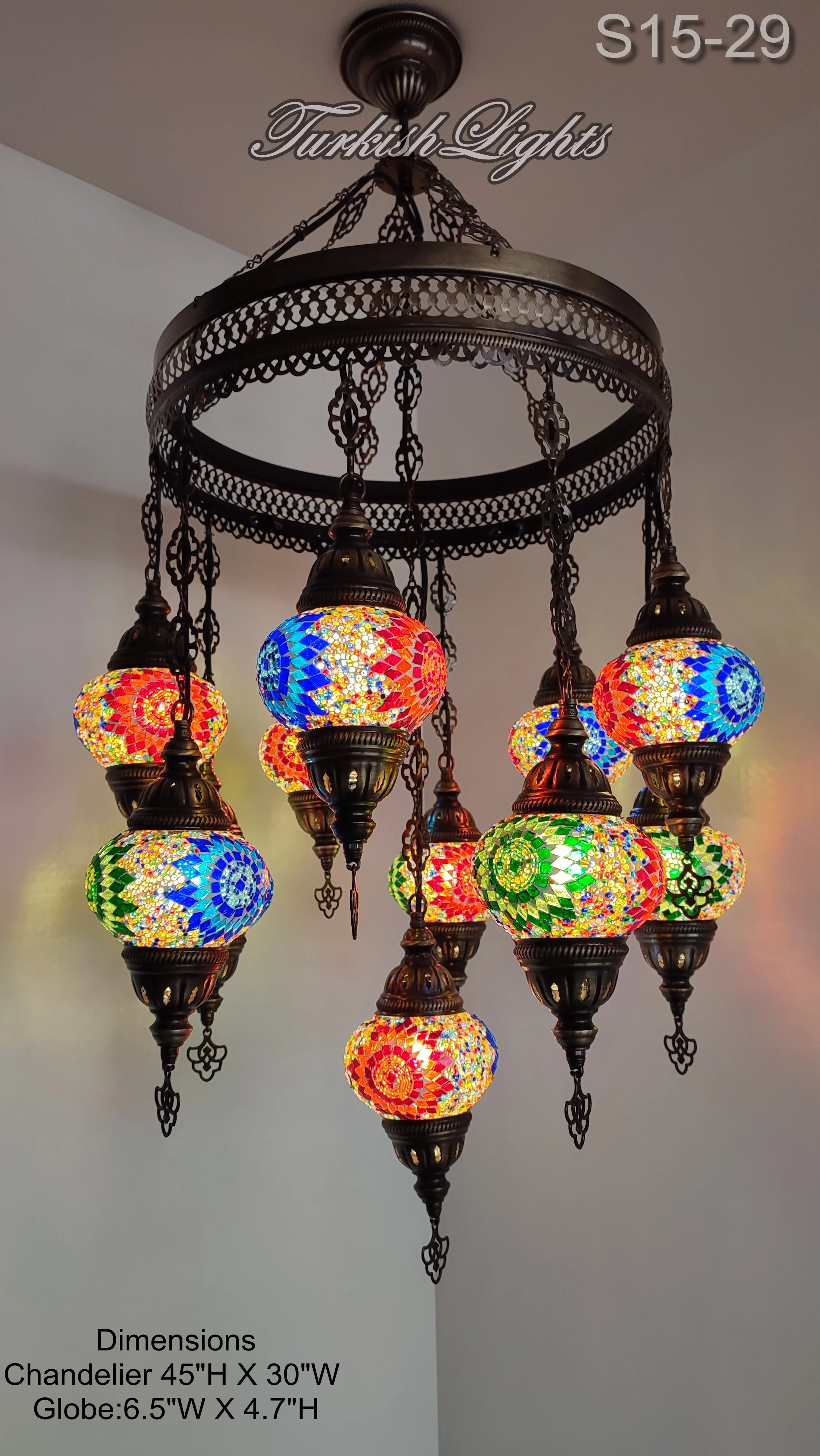 11 Ball Turkish Sultan Mosaic Chandelier - Handmade Design with Medium Globes, ID: S11M - Image 10