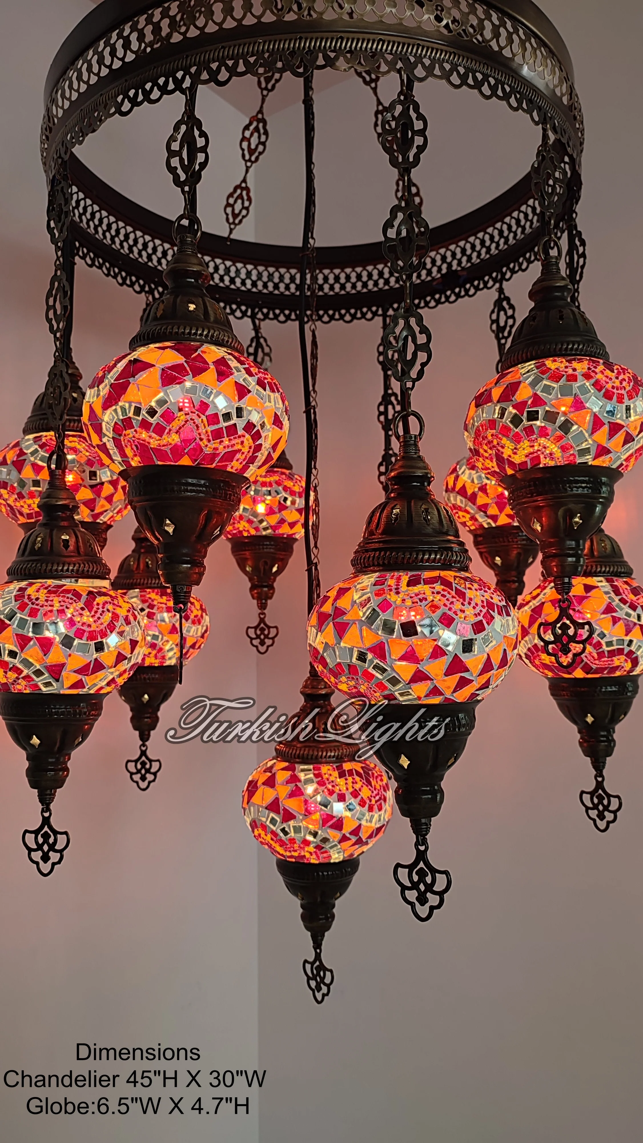 11 Ball Turkish Sultan Mosaic Chandelier - Handmade Design with Medium Globes, ID: S11M-21 - Image 4