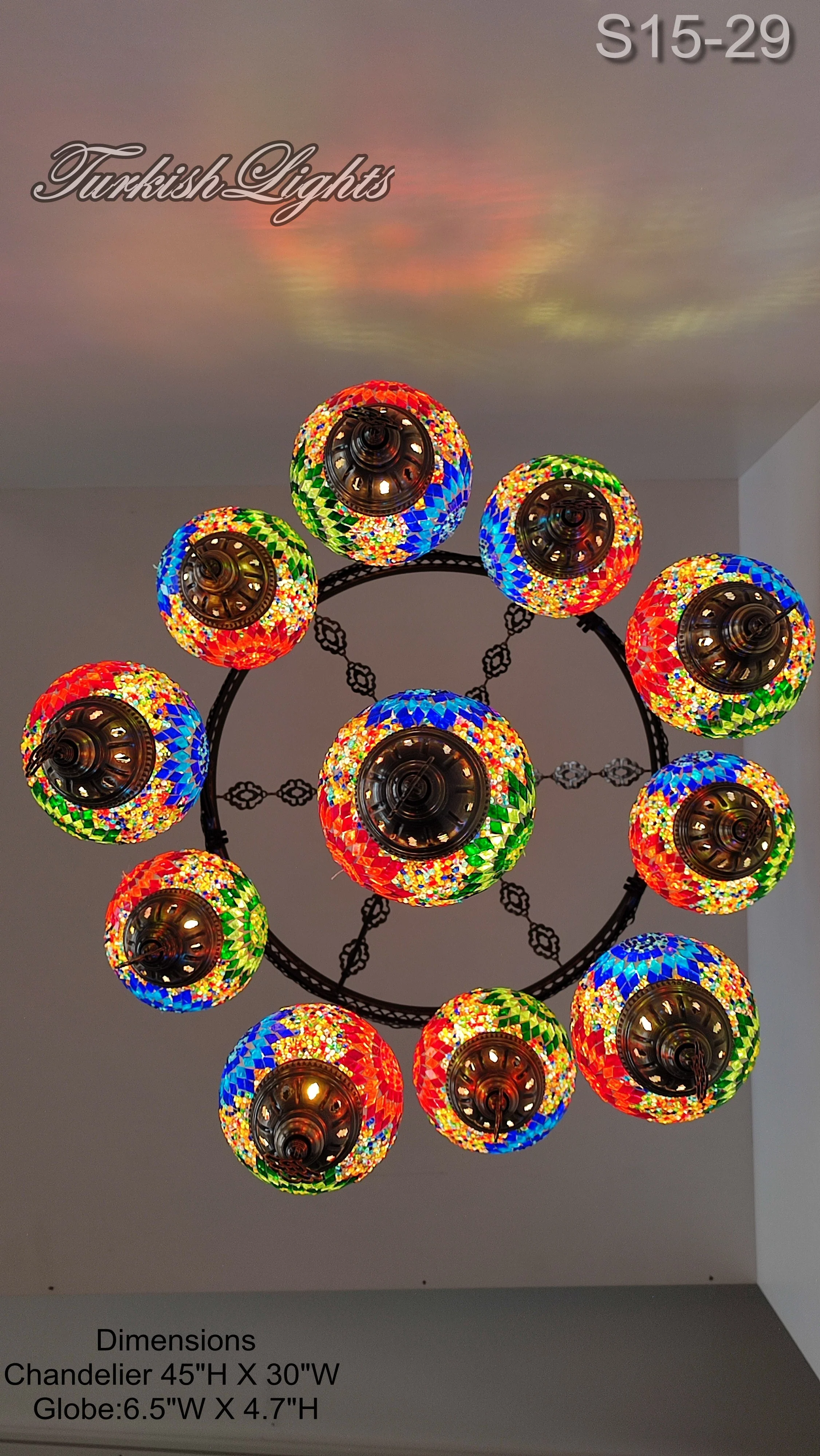 11 Ball Turkish Sultan Mosaic Chandelier - Handmade Design with Medium Globes, ID: S11M-29 - Image 4