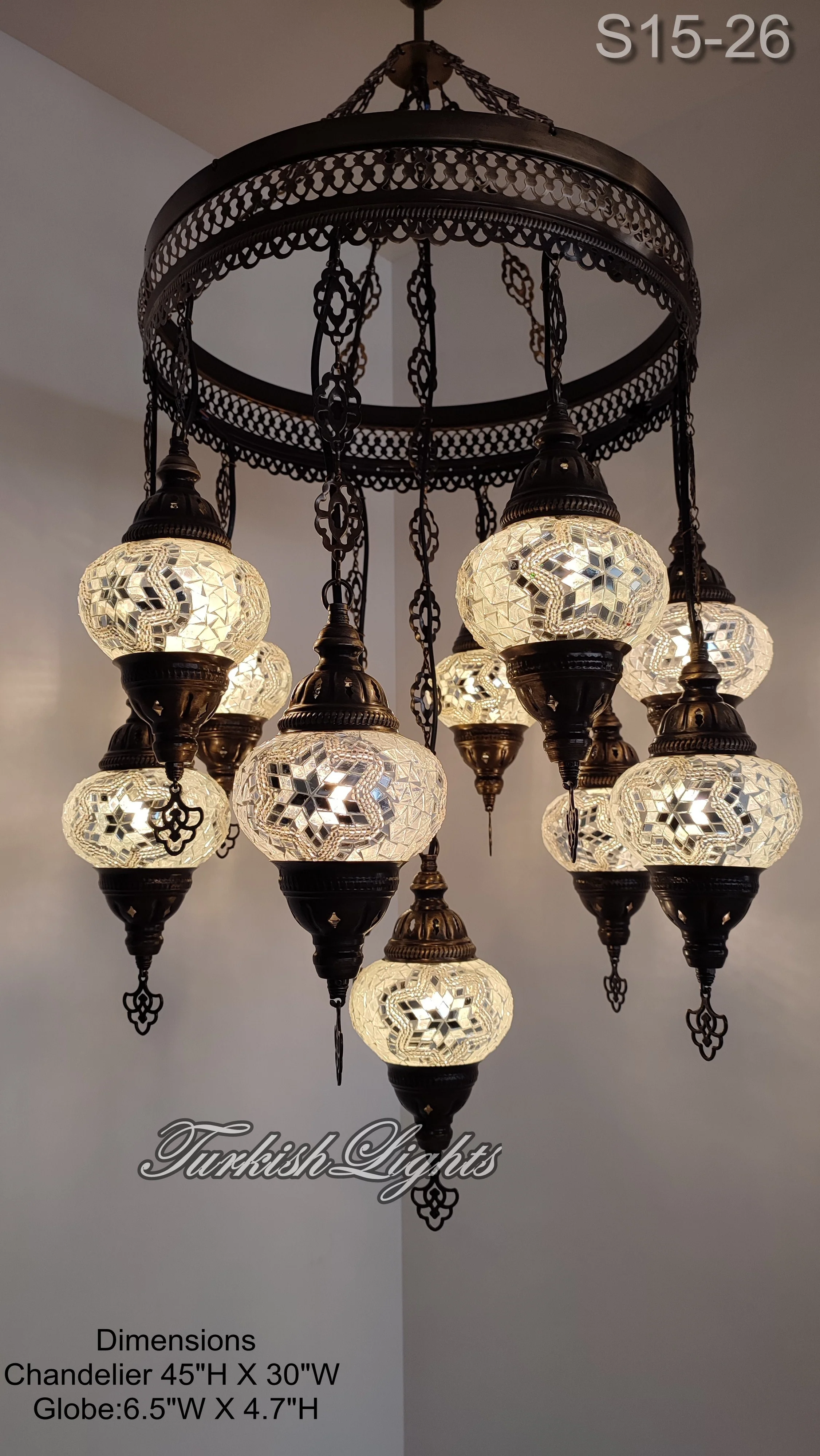 11 Ball Turkish Sultan Mosaic Chandelier - Handmade Design with Medium Globes, ID: S11M - Image 6