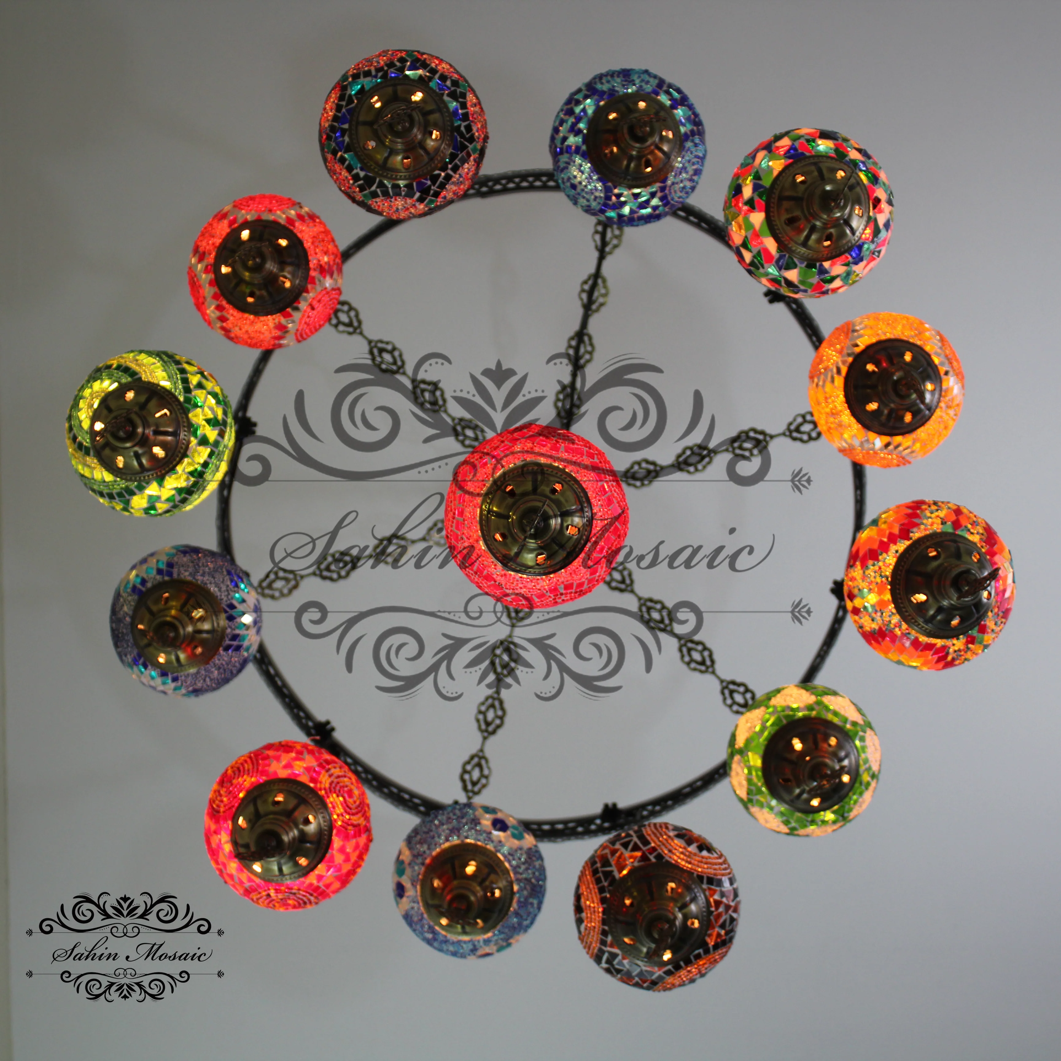 13 Ball Turkish Sultan Mosaic Chandelier - Handmade Design with Medium Globes, ID: S13M - Image 6