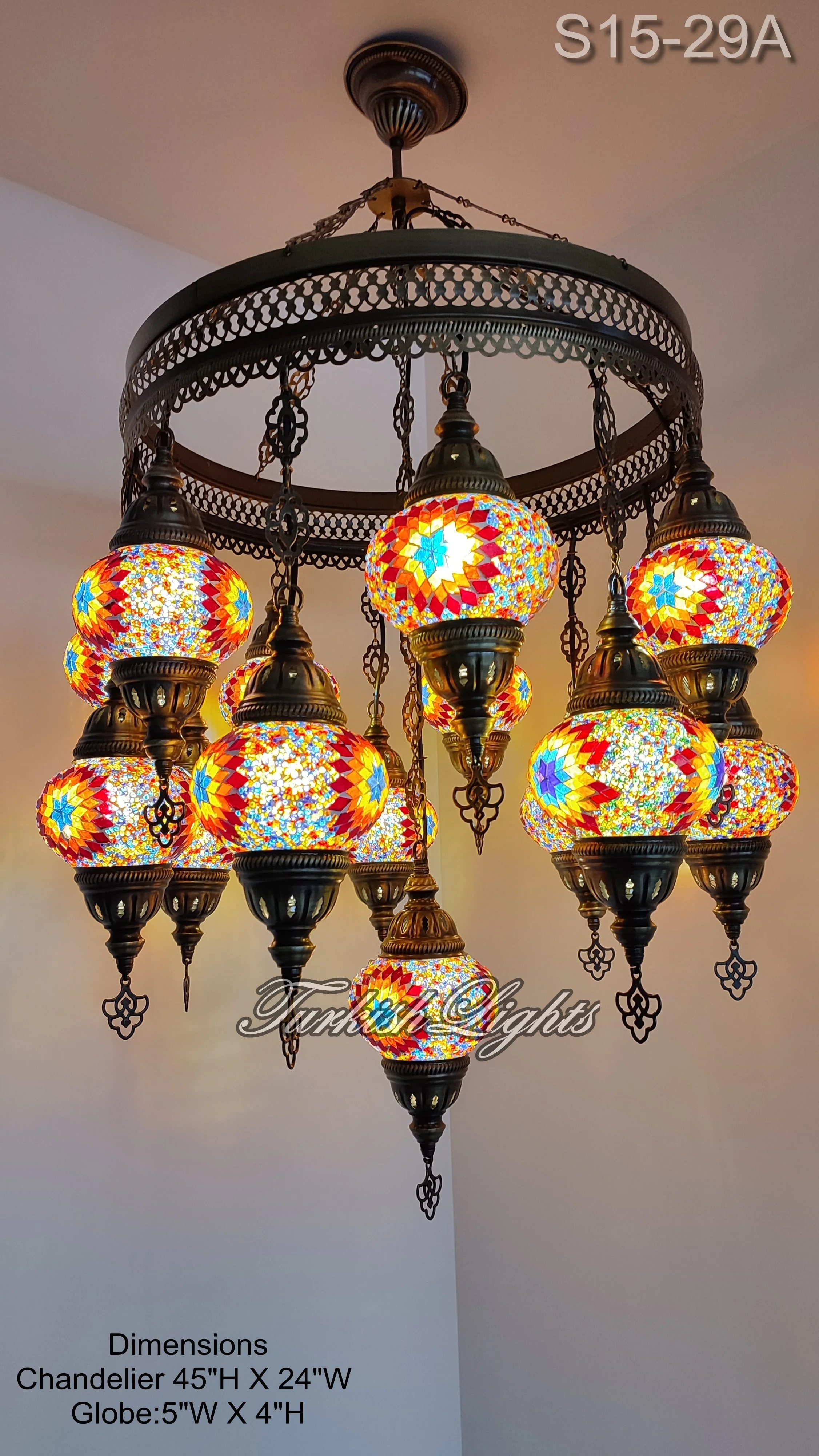 15 Ball Turkish Sultan Mosaic Chandelier - Handmade Design with Medium Globes, ID: S15M-29A