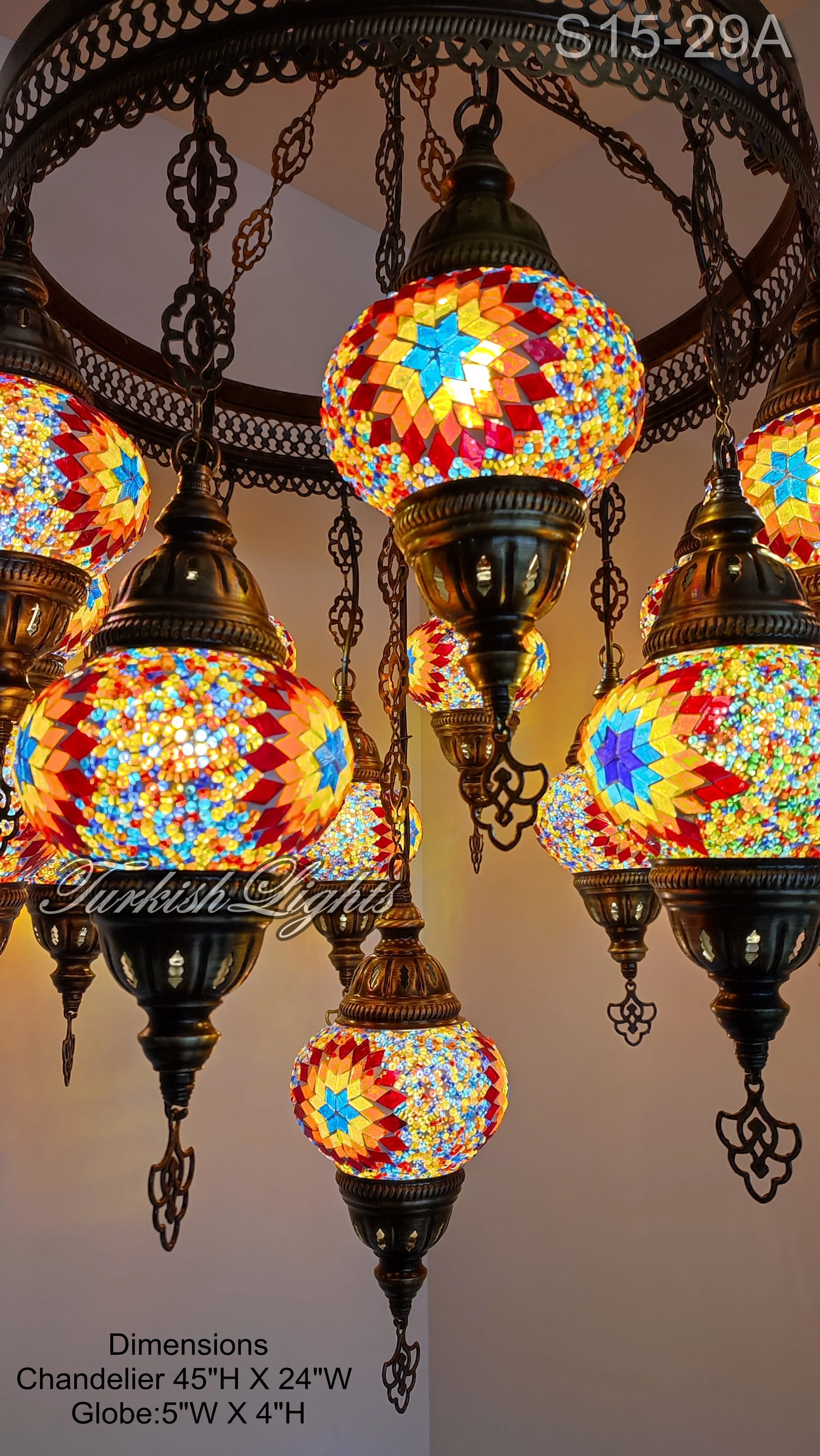 15 Ball Turkish Sultan Mosaic Chandelier - Handmade Design with Medium Globes, ID: S15M-29A - Image 2
