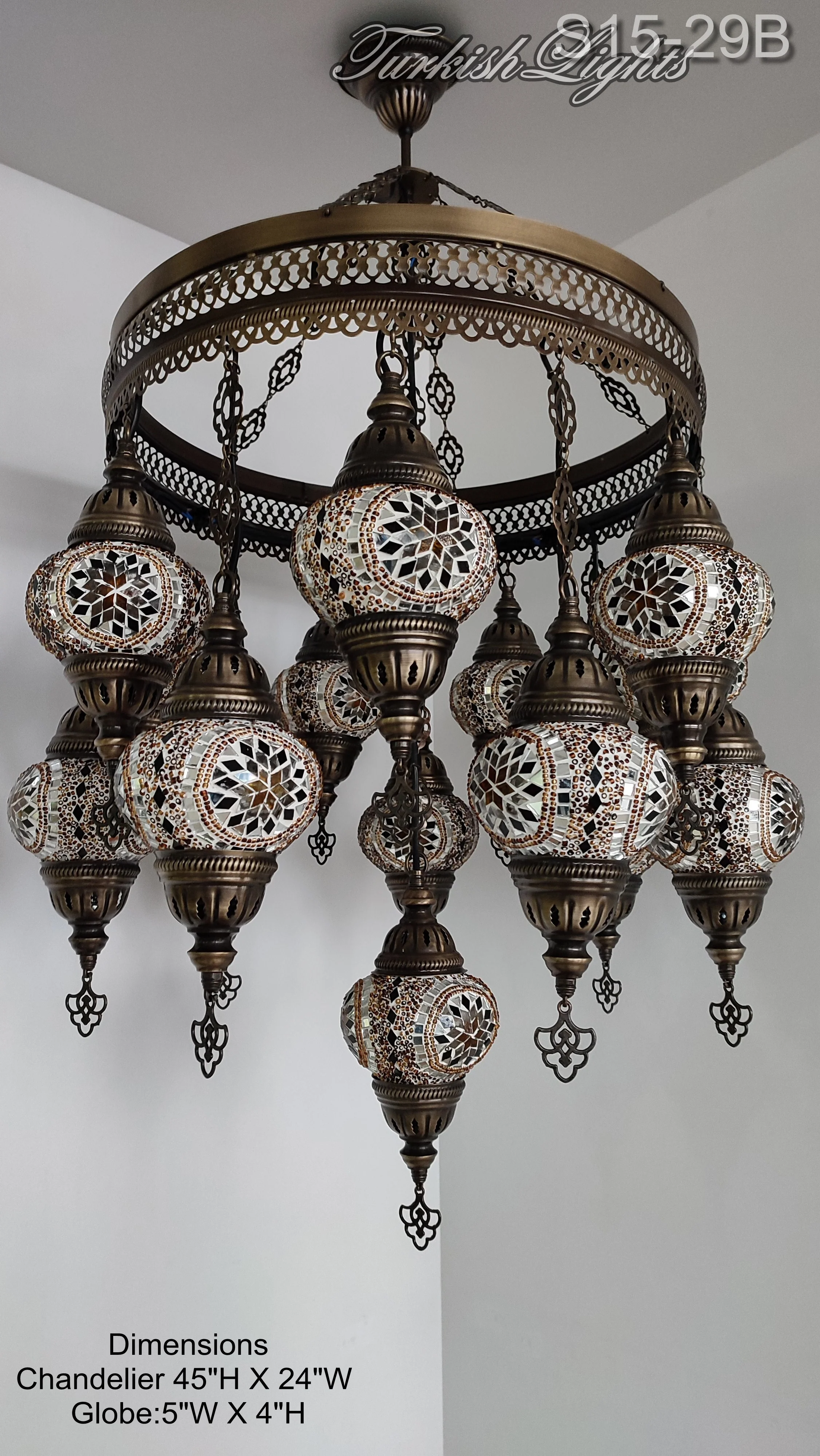 15 Ball Turkish Sultan Mosaic Chandelier - Handmade Design with Medium Globes, ID: S15M-29B - Image 4