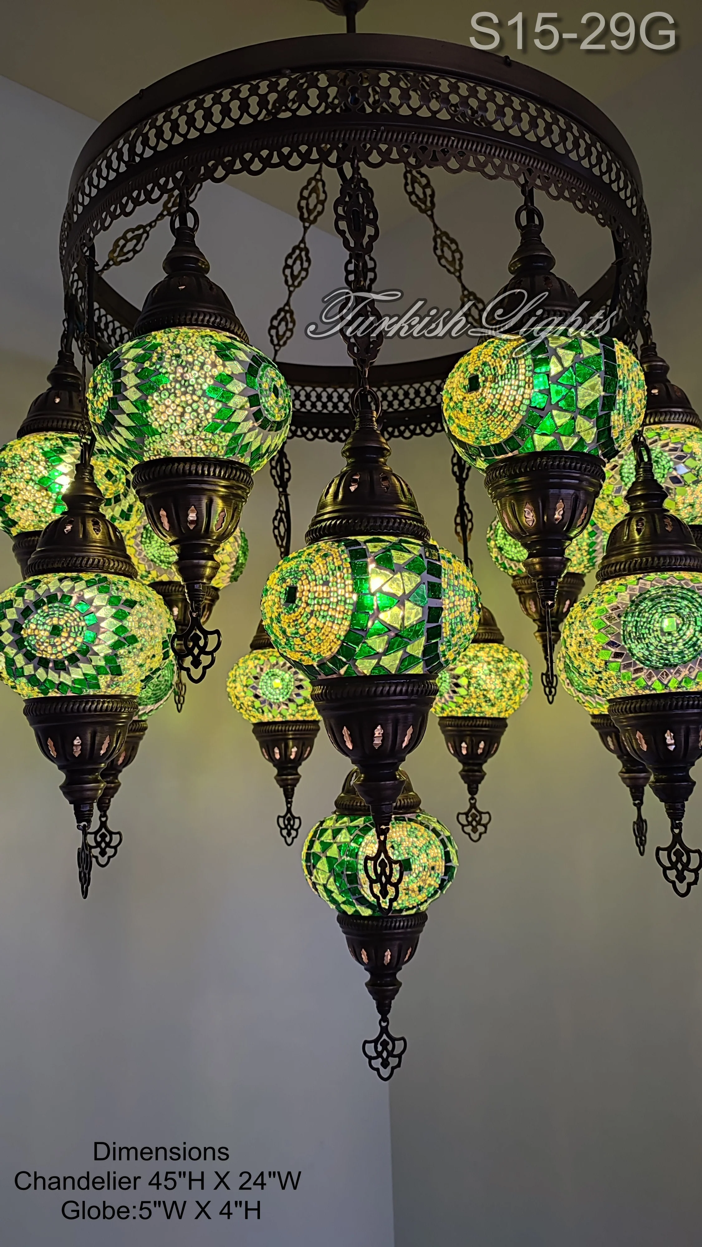 15 Ball Turkish Sultan Mosaic Chandelier - Handmade Design with Medium Globes, ID: S15M-29G - Image 2